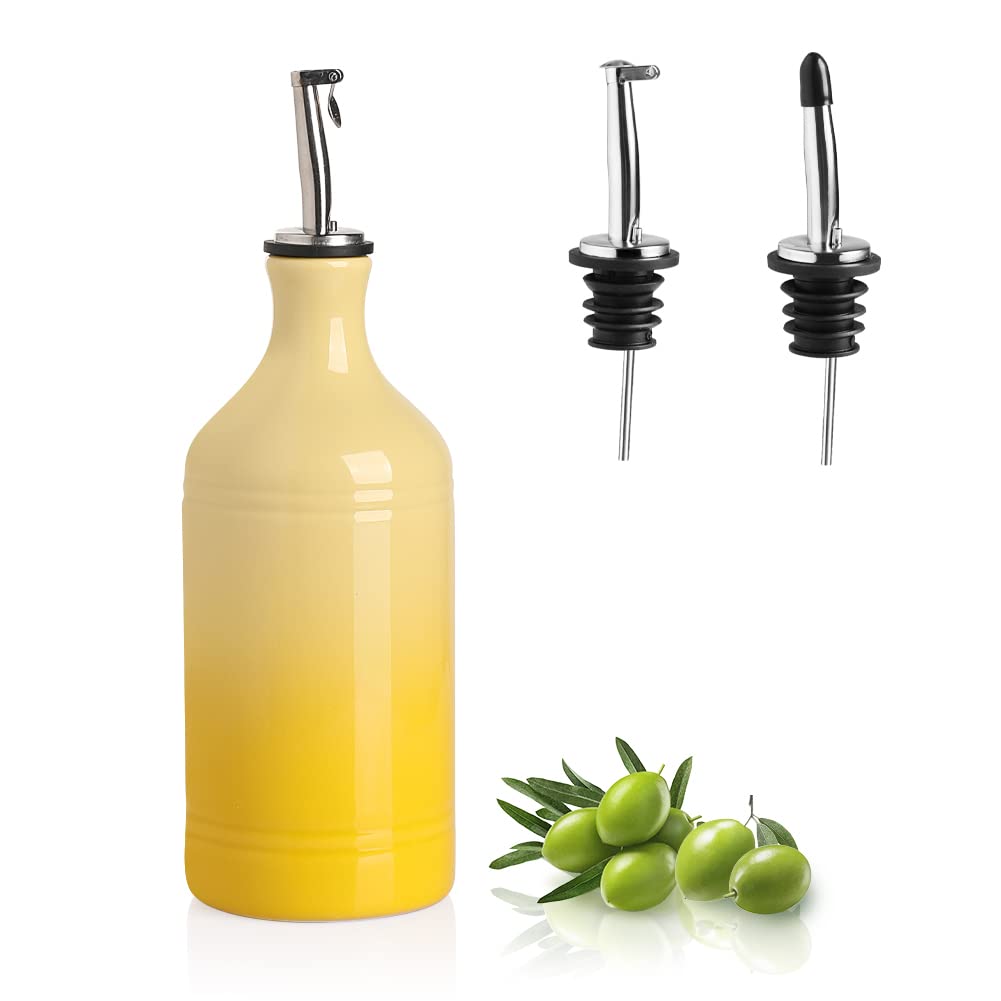 Premium Ceramic Olive Oil Dispenser Bottle - 15.5oz Opaque Oil Cruet Protects Against Oxidation - Ideal for Olive Oil, Vinegar, Coffee Syrups & Liquids - Gradient Yellow - Perfect for Kitchen, Dining Table & Gourmet Cooking