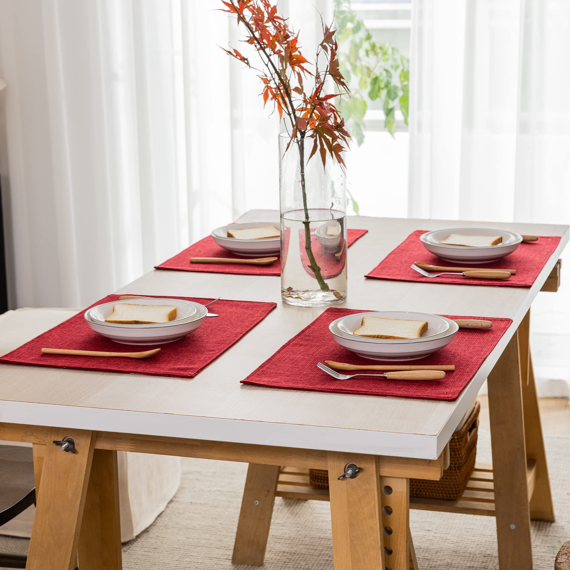 Kevin Textile 4-Piece Burlap Linen Placemats Set - Heat Resistant, Washable Dining Table Mats (13x19 Inches, Burgundy) for Valentine's Day, Kitchen & Holiday Decor