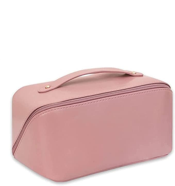 Logicmart Leather Cosmetic Travel Bag for Women - Waterproof Makeup Organizer with Handle, Pink | Perfect for Air Travel, Gym & Weekend Getaways