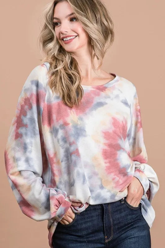 BiBi Tie Dye Print Terry Top With Puff Sleeves | Women's Fashion Casual Shirt | Perfect for Summer Outfits, Beach Wear & Music Festivals
