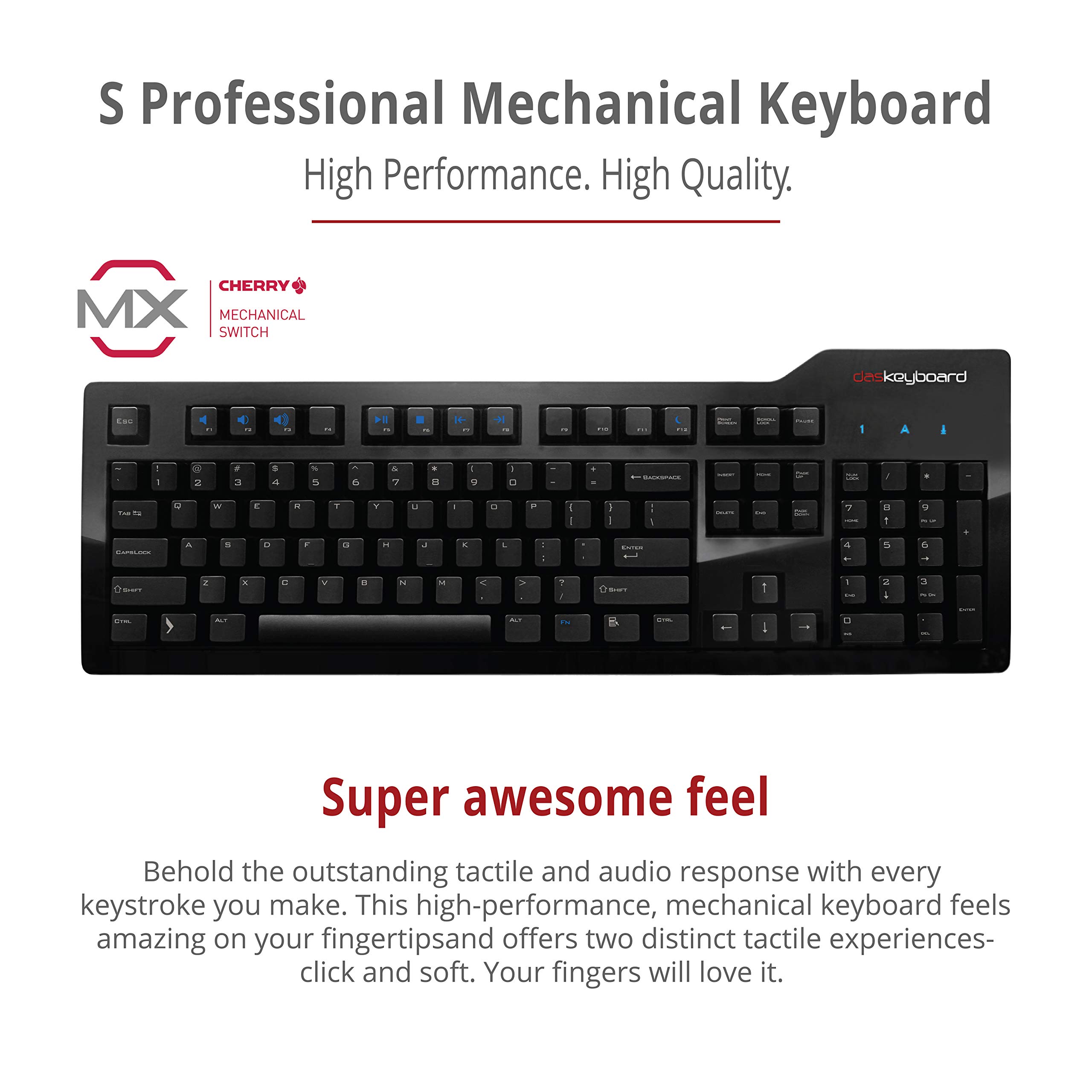 Das Keyboard Model S Wired Mechanical Keyboard with Cherry MX Blue Switches - 2-Port USB Hub & Laser Etched Keycaps (104 Keys, Black) - Perfect for Gaming, Programming & Office Work