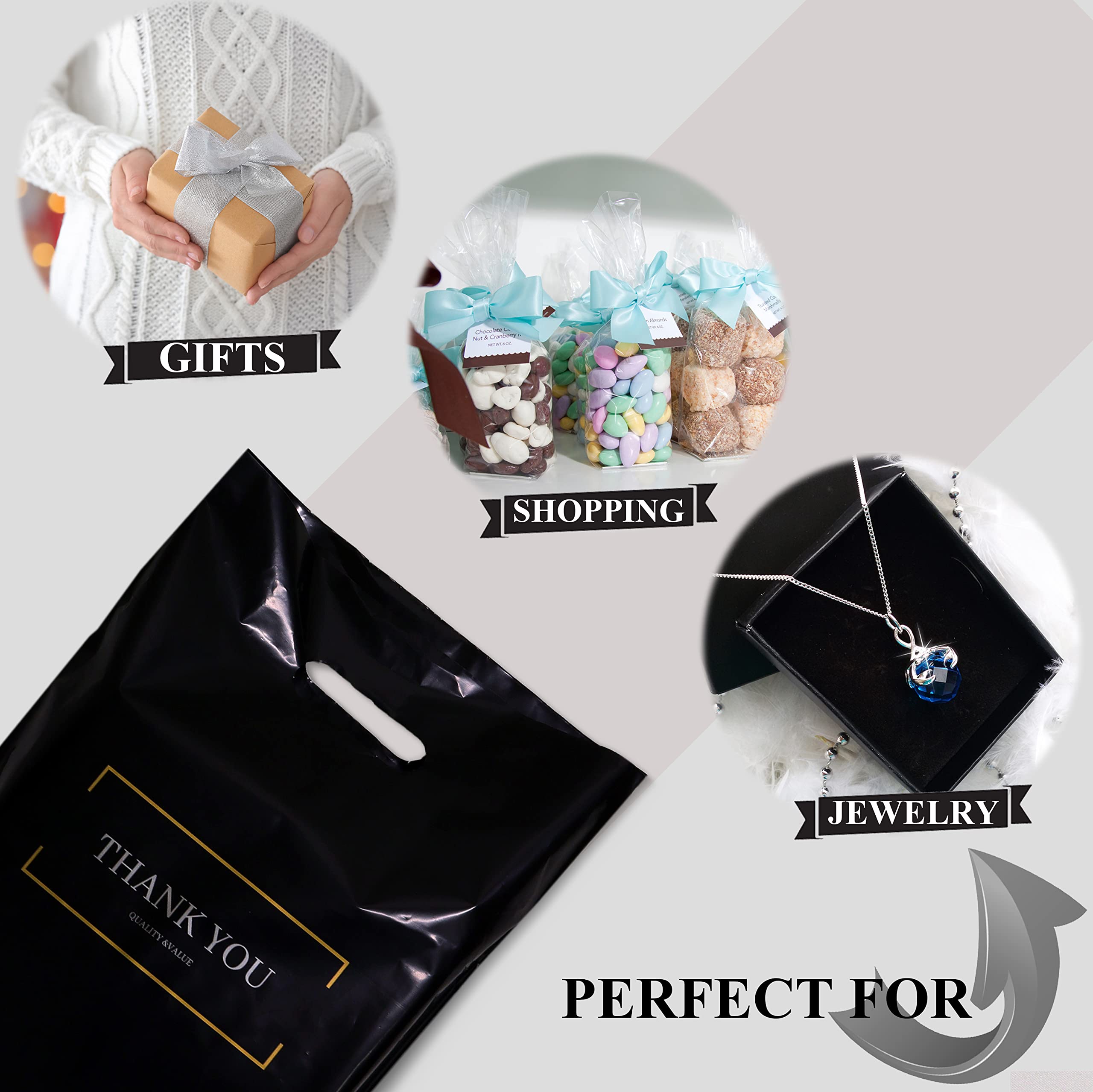 BISC Small Thank You Bags - 9x12 Inch Plastic Retail Bags (65 Pack) - Die Cut Shopping Bags for Boutiques, Stores & Parties - Perfect for Gifts, Favors & Small Purchases - Black