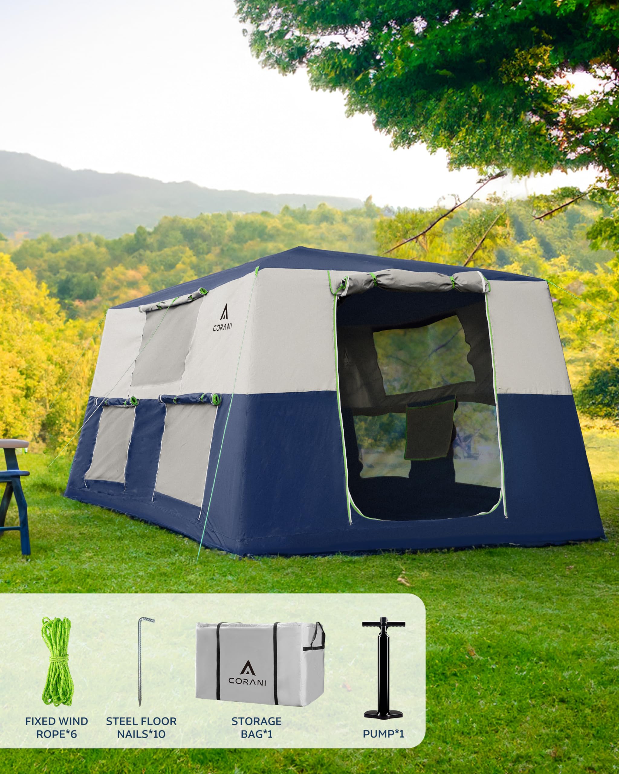 14.1'x6.5'x9' Inflatable Camping Tent - Waterproof & Windproof 6/8/10 Person Family Air Tent with 2 Doors & 6 Mesh Windows | Easy Setup Portable Blow Up Tent for Outdoor Adventures, Beach Trips & Backyard Camping