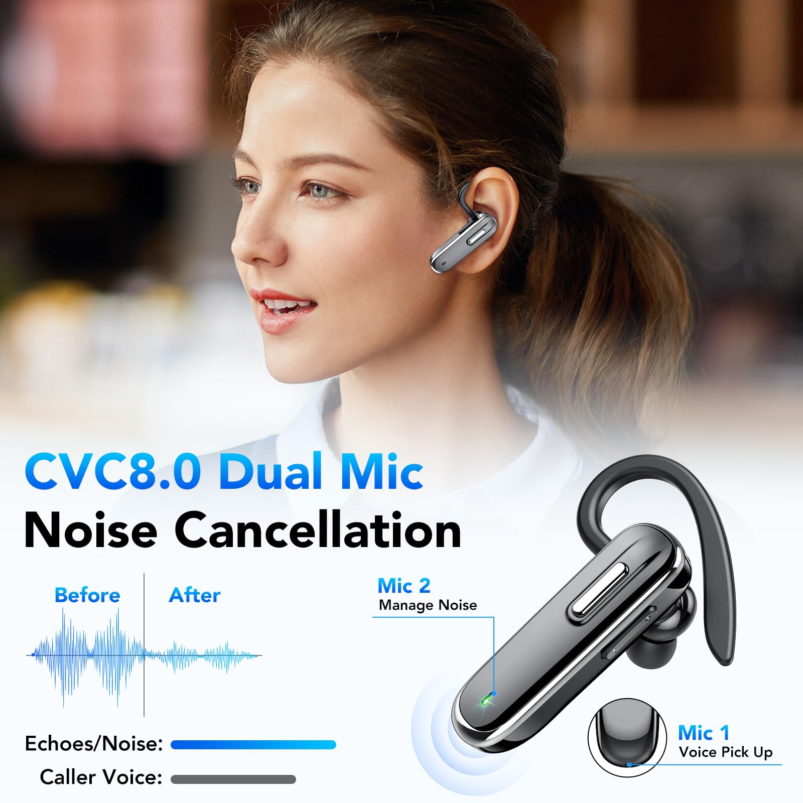 IKG Wireless Bluetooth Headset with CVC8.0 Noise Cancelling Dual Mic, 25H Playtime & USB-C Fast Charging - Hands-Free Earpiece for iPhone, Android, PC (Ideal for Driving, Office Calls & Online Meetings)