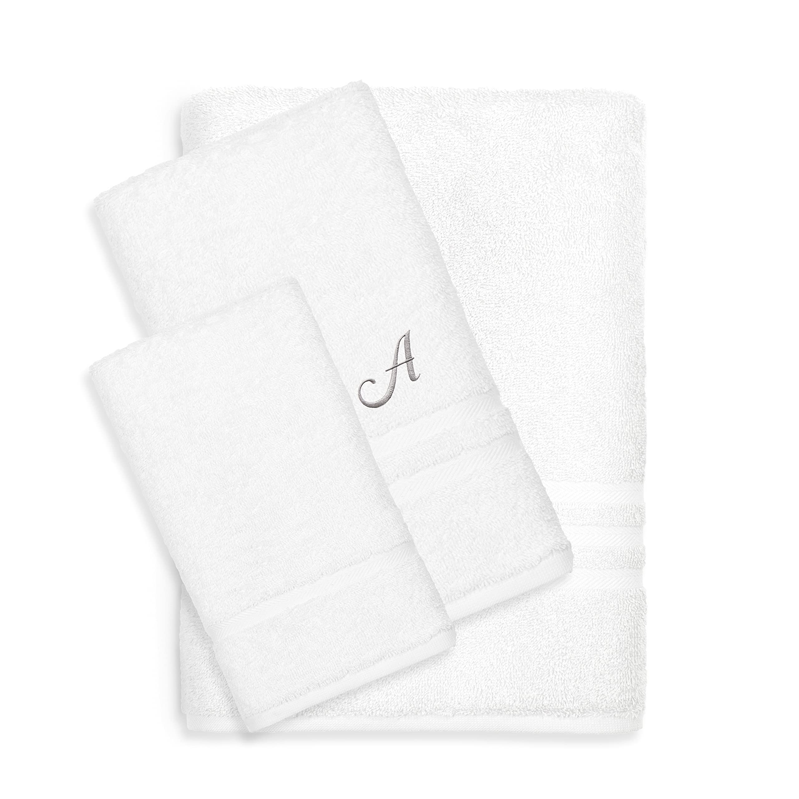 Premium Omni Turkish Cotton 3-Piece Bath Towel Set - Ultra Soft & Absorbent Hotel & Spa Quality Towels - White with Grey Monogram Initials - Perfect for Luxury Bathrooms, Guest Rooms & Spa Gifts