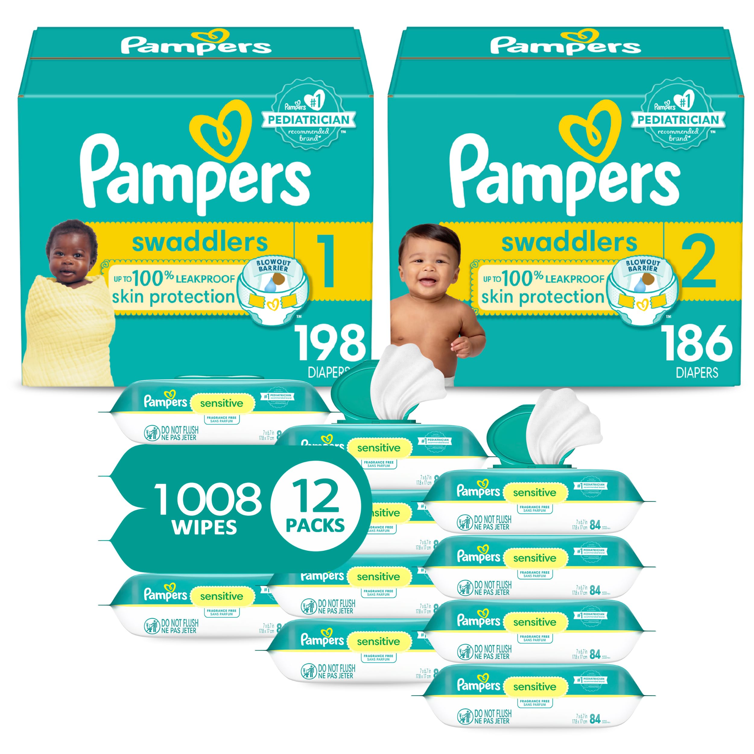 Pampers Baby Diapers & Wipes Starter Kit - Swaddlers Disposable Diapers Size 1 (198 Count) & Size 2 (186 Count) with Sensitive Water Based Wipes 12X Refill Pack (1008 Count) - Newborn Essentials for Home, Travel & Daycare Use