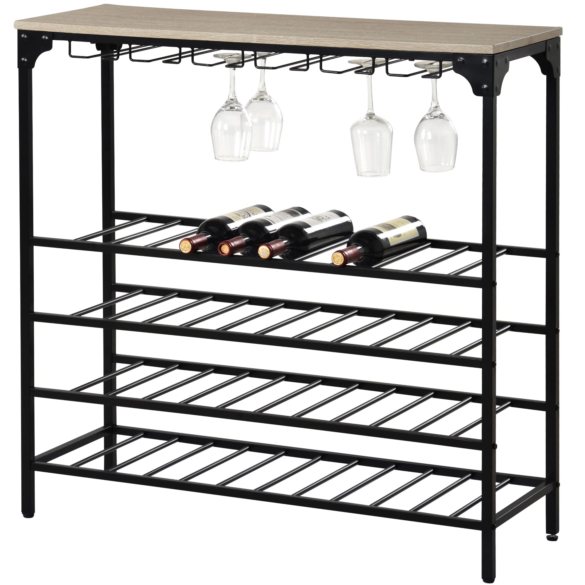 Rustic Wooden Wine Rack Table - 40 Bottle Freestanding Liquor Bar Cabinet with 5 Shelves & Glass Holder - Modern Metal & Wood Wine Storage for Home (Light Brown) - Perfect for Dining Room, Bar, Kitchen or Living Room Decor