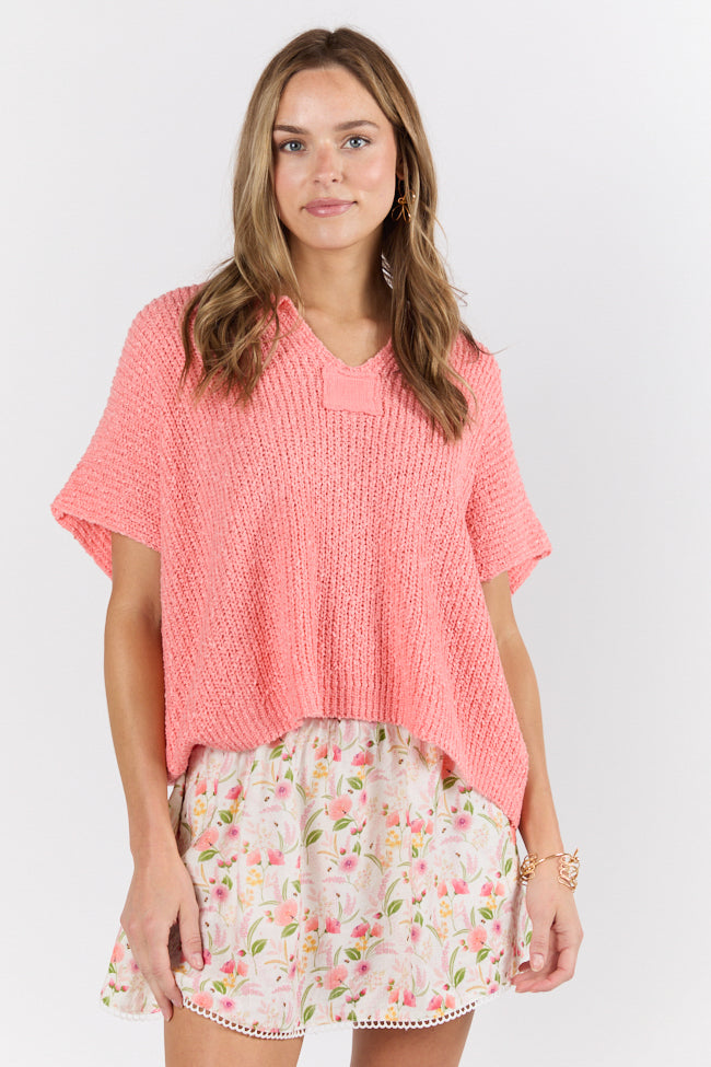 Coral Short Sleeve Textured Lightweight Sweater for Women - Breathable Summer Knit Top - Perfect for Beach Outings & Casual Wear