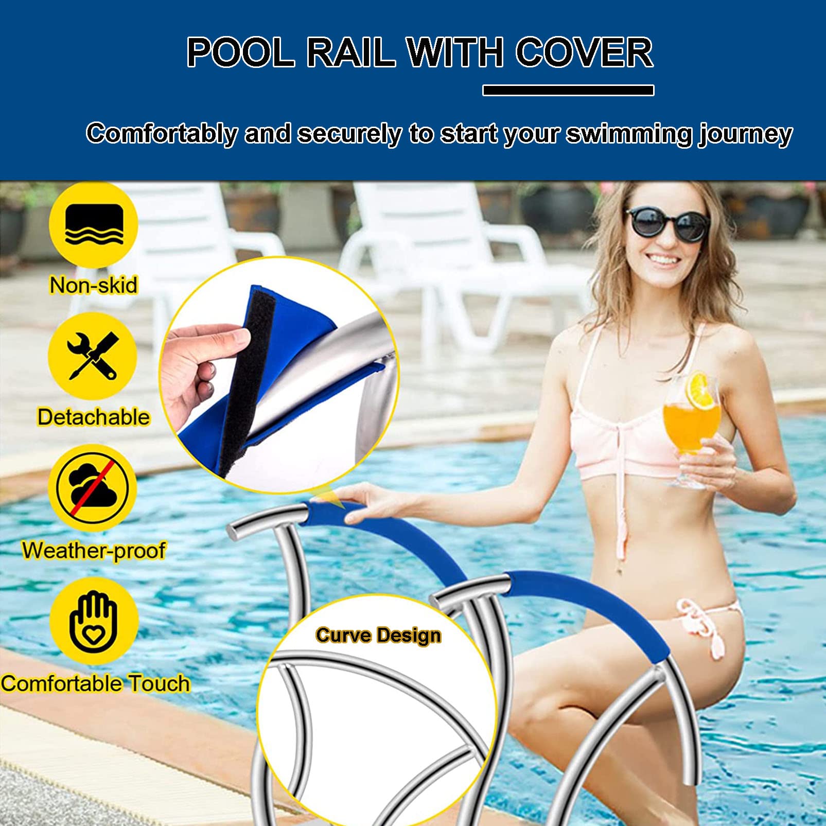 304 Stainless Steel Inground Pool Handrail - Rustproof Safety Railing with Blue Grip Cover & Anchors Screws for Swimming Pool Stairs | Durable Pool Accessory for Safety & Easy Entry/Exit