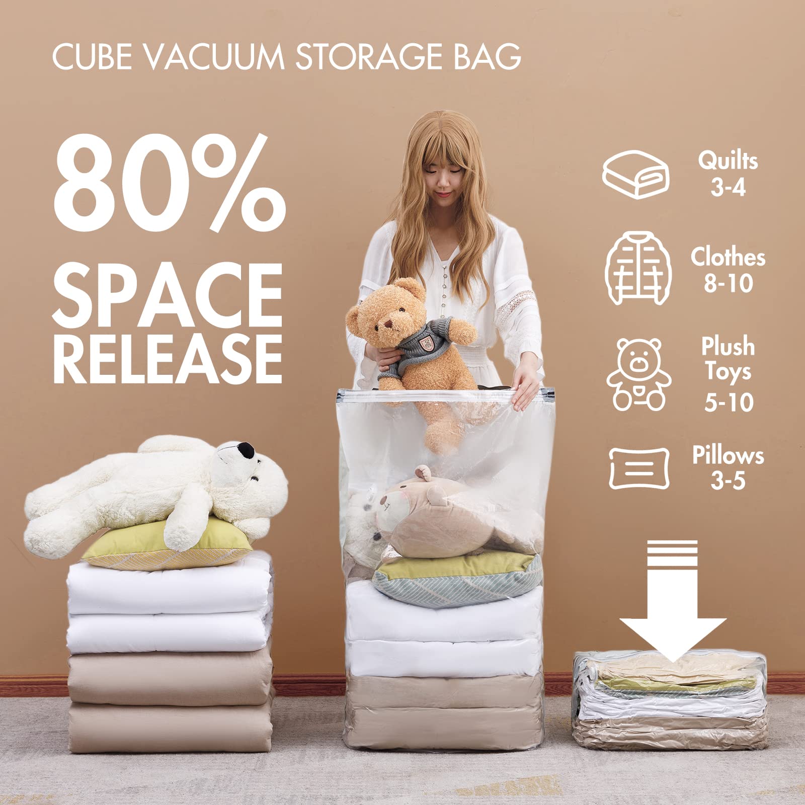 TAILI Hanging Vacuum Storage Bags (3-Pack) & Cube Vacuum Storage Bags (9 Jumbo Pack) - Space Saving Closet Organizers for Seasonal Clothes, Blankets & Travel Luggage