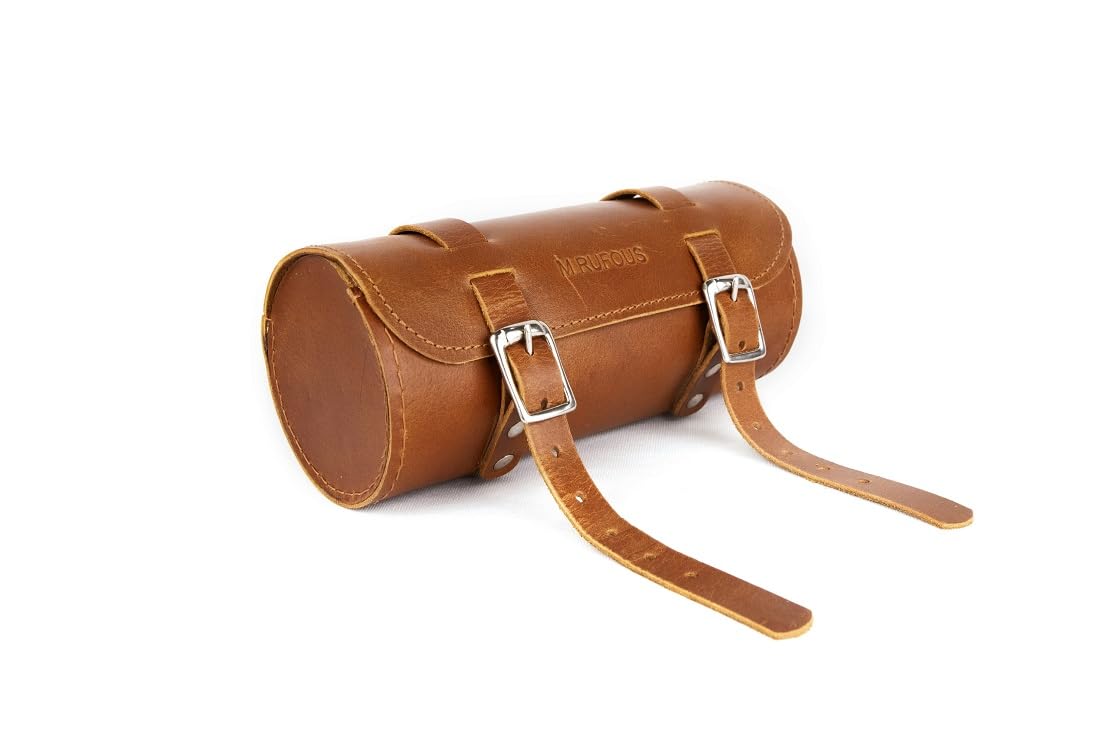 Genuine Leather Under Seat Bicycle Bag - Premium Handcrafted Bike Saddle Bag with Brass Buckle, Cell Phone Holder & Free Waterproof Cover | Perfect for Cycling Commutes, Mountain Biking & Urban Rides (Brown)