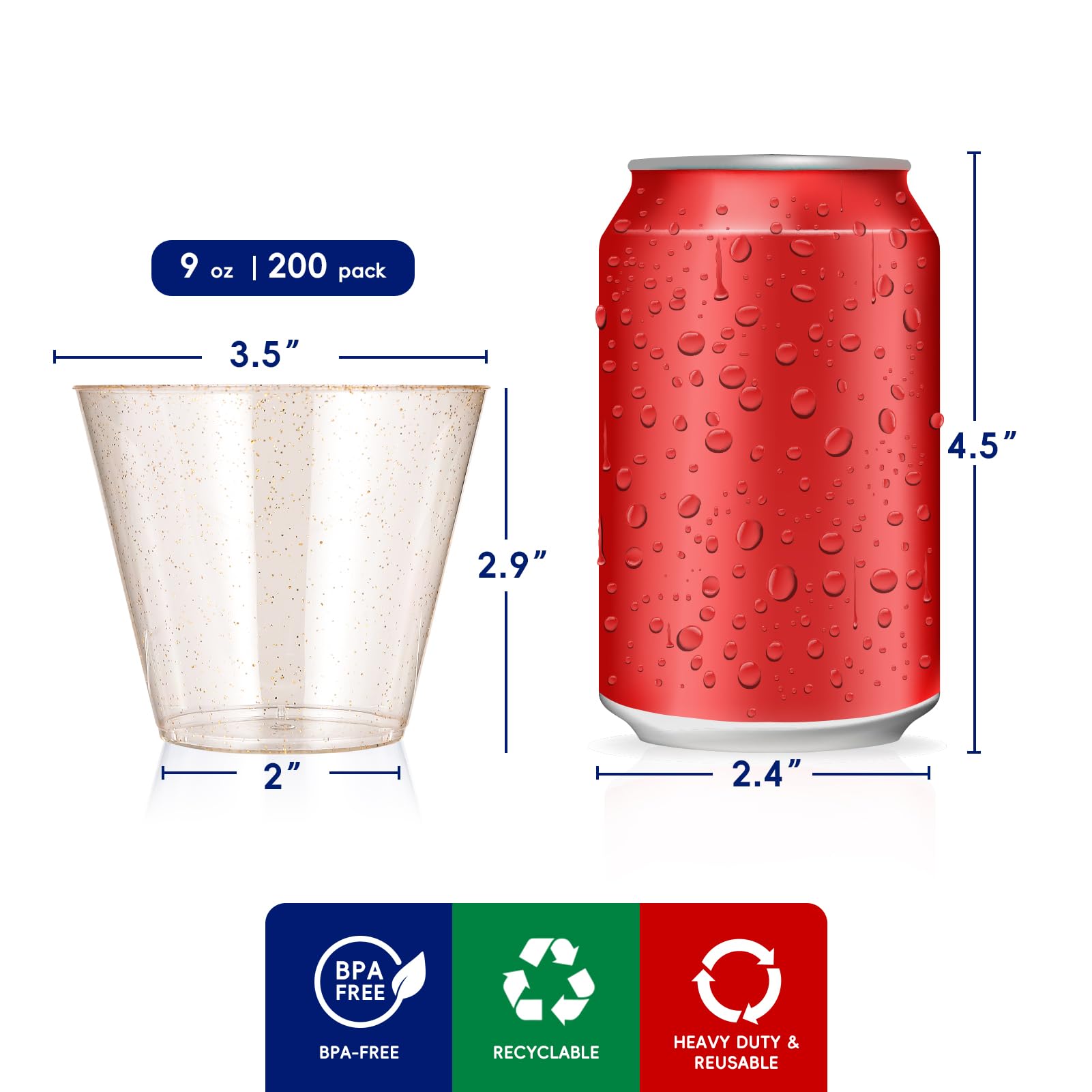 JOLLY CHEF 200 Pack 9 oz Glitter Plastic Cups - Disposable Gold Tumblers for Wedding, Thanksgiving, Christmas Party - Elegant Drinkware for Cocktails, Champagne, Beverages at Celebrations & Events