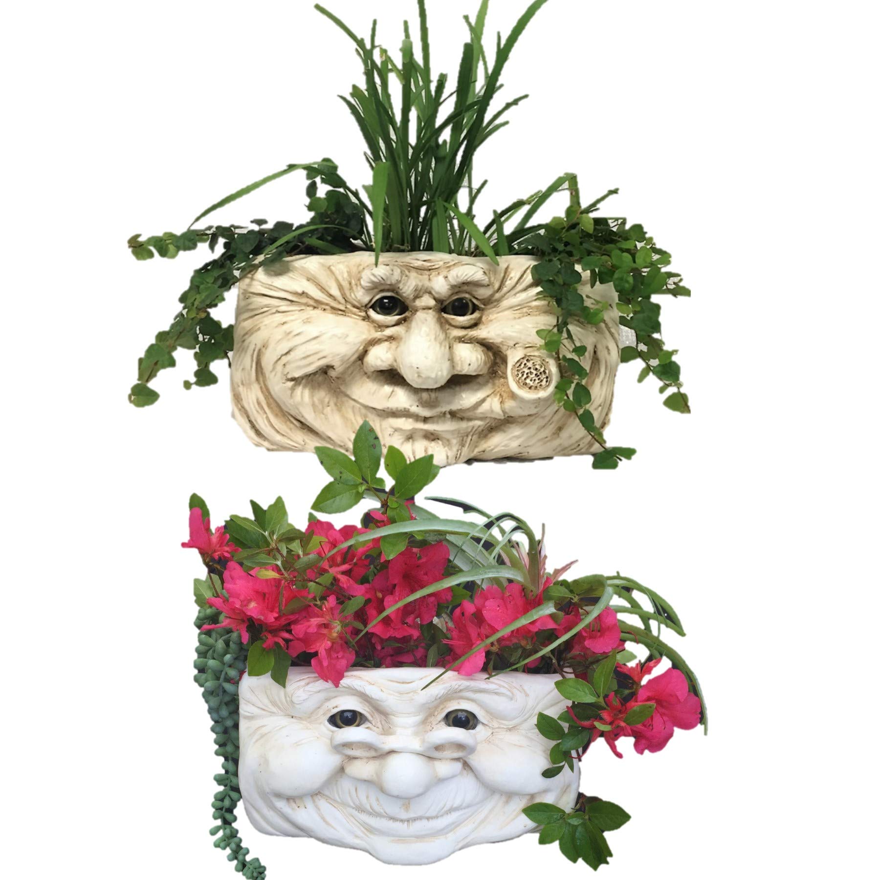 Vintage Grandpa Old Hickory & Grandma Violet Antique White Face Statue Planter - Rustic Tree & Patio Wall Decor for Garden, Outdoor, and Home Décor