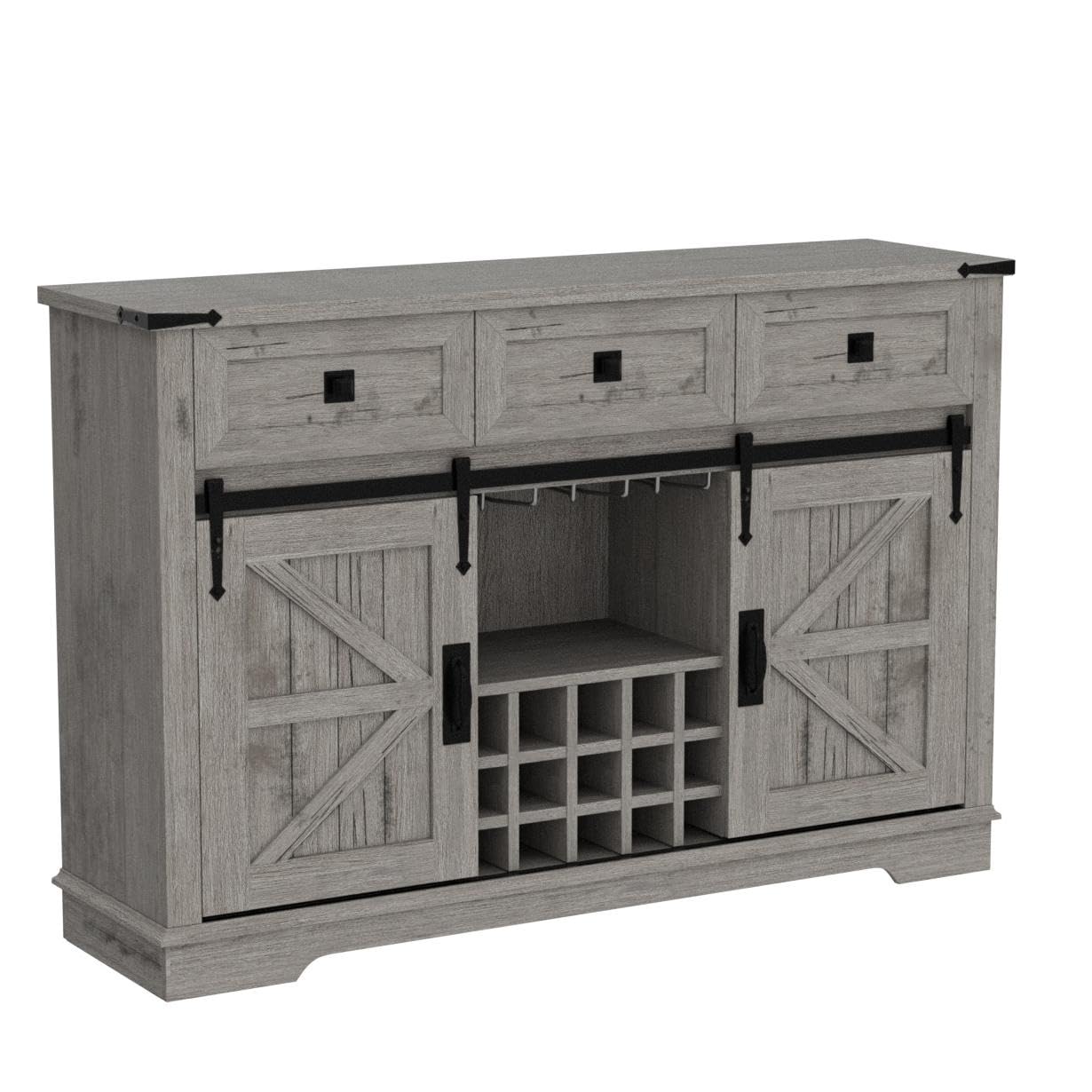 Farmhouse Wine Bar Cabinet with Sliding Barn Door - 54 Inch Rustic Kitchen Coffee Bar with Wine Rack, Glass Storage, 3 Drawers & Shelves - Light Oak Buffet Sideboard for Dining Room, Living Room & Home Entertaining