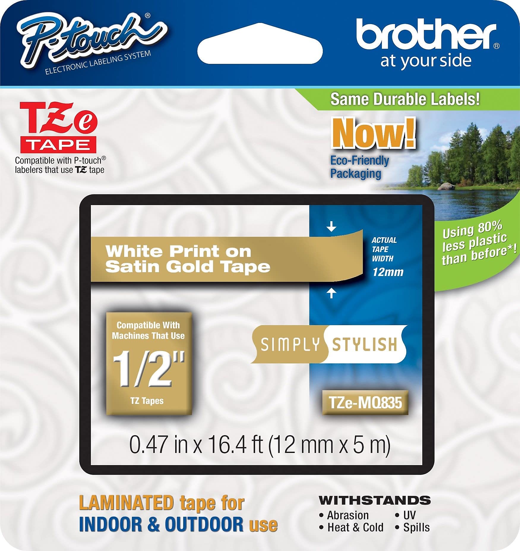 Brother TZMQ835 Satin Gold Label Tape - White Text on Gold, Perfect for Office Labeling, Home Organization & Craft Projects
