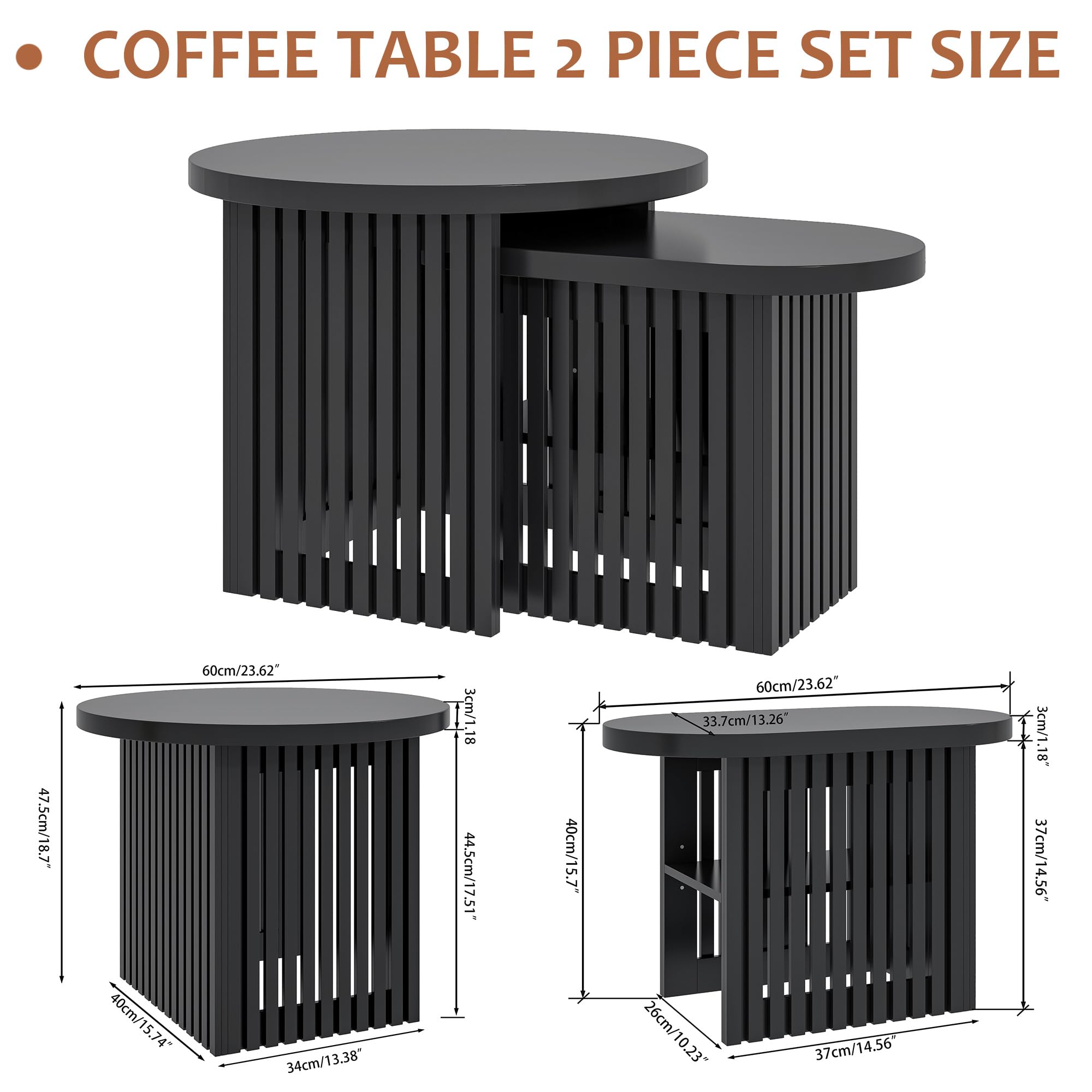 Modern Round Nesting Coffee Table Set of 2 with Storage Shelf & Fluted Panel - Black Wood Stacking Side Tables for Small Spaces - Perfect for Living Room, Bedroom & Apartment Decor