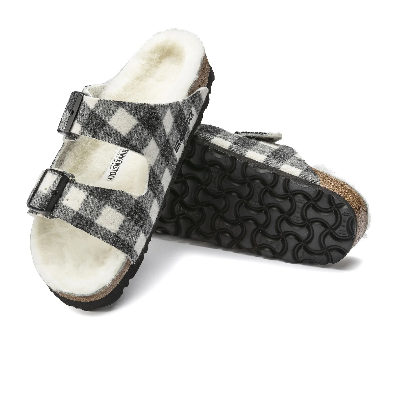 Birkenstock Arizona Slide Sandals for Women - Plaid White Wool & Natural Shearling Comfortable Footbed | Perfect for Casual Wear, Home, and Summer Outings
