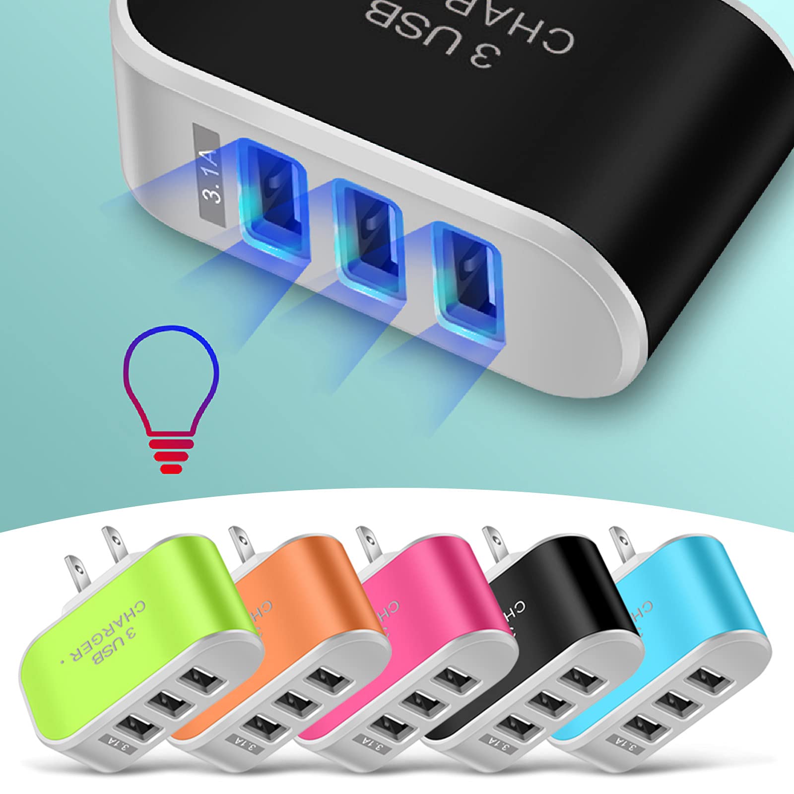 1 Pcs Fast Charging USB Wall Charger with 3 Ports - Smart Travel Phone Charger for iPhone, Android, Samsung - Perfect for Home, Office, Car & Travel Use