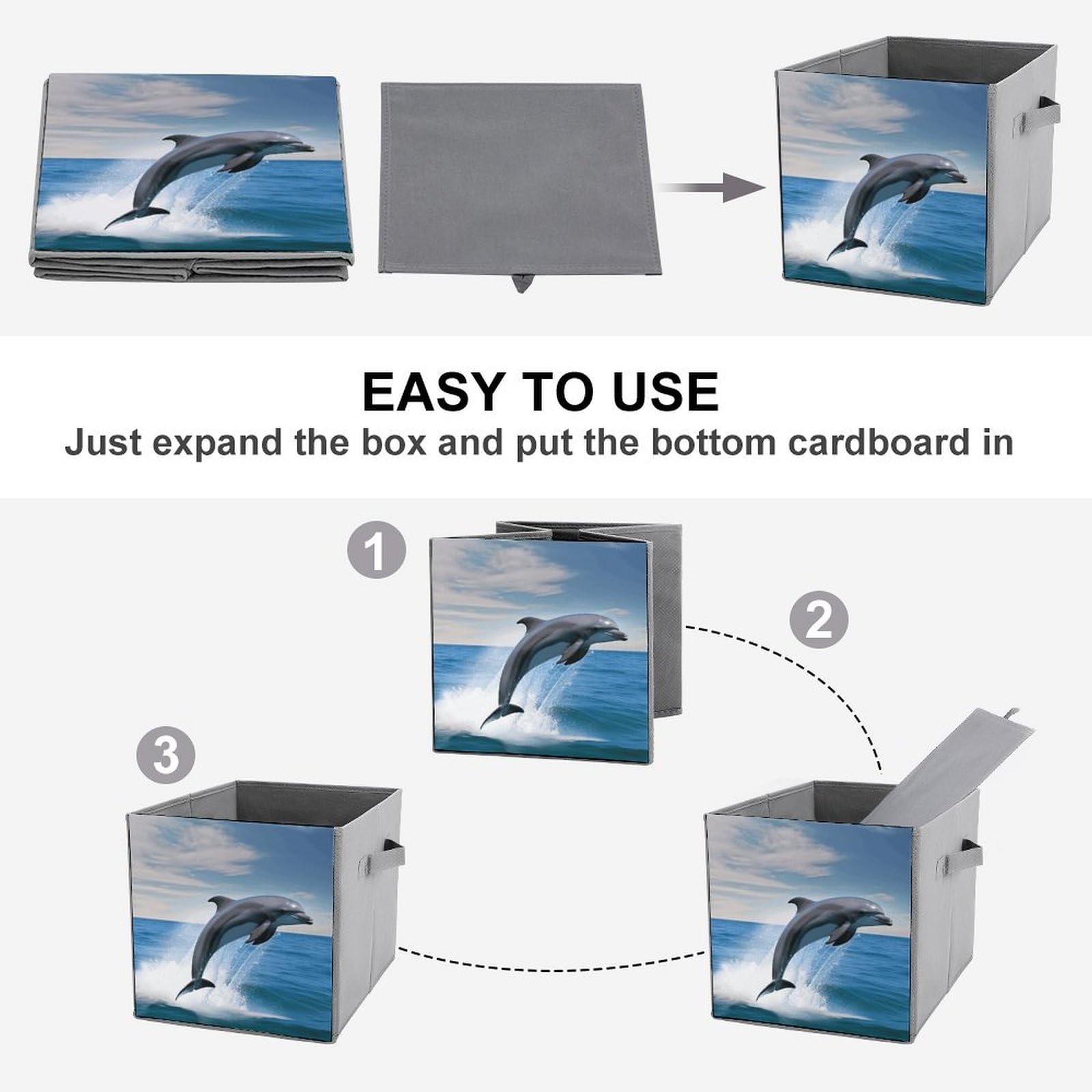 Foldable Canvas Storage Box with Jumping Dolphins Print - Organize Clothes, Toys & Home Items - Perfect for Closet, Nursery & Travel Storage