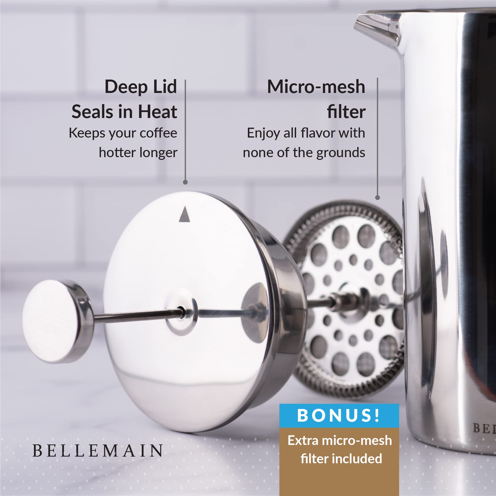 Bellemain Stainless Steel French Press Coffee Maker - 35 oz with Extra Filters for Rich, Bold Coffee - Perfect for Home, Office, and Camping Use