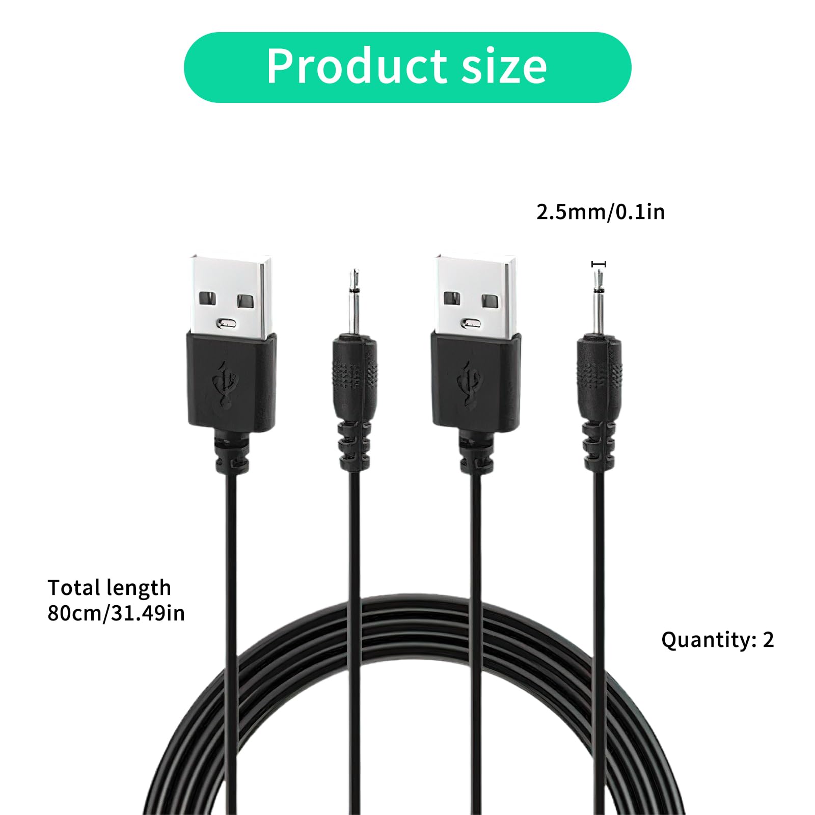 2PCS DC Charger Cable 2.5mm for Universal Beauty Devices & Vibrators - Fast Charging Power Cord (Black) | Perfect for Salon Equipment, Massage Tools & Skin Care Machines