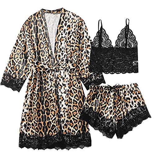 **CofeeMO Plus Size Women's Lingerie Set - Leopard Print Sleepwear, Lounge Robe & Cami Pajamas for Comfort & Sensual Play | Perfect for Bedtime, Boudoir & Romantic Occasions**