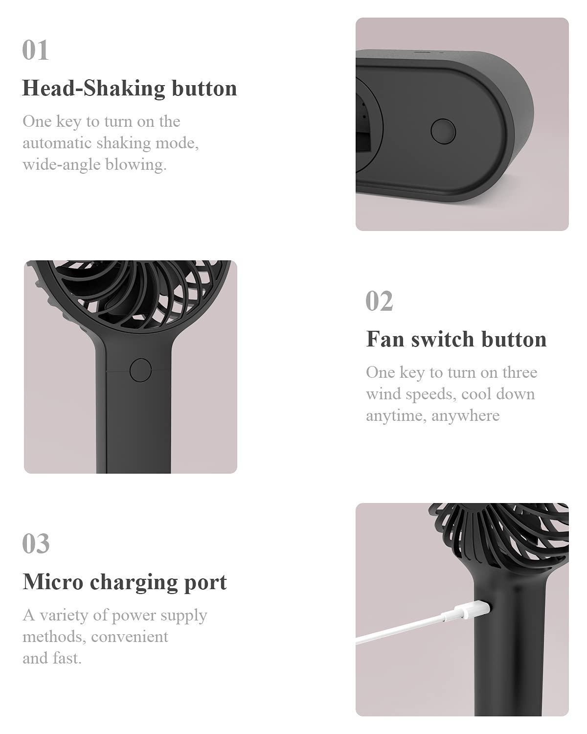 Minthouz Handheld Fan - Mini Portable USB Rechargeable Personal Fan with 90° Auto Head Shaking, 3 Speed Settings, 2000mAh Battery - Perfect for Office, Home, Travel, Gym & Outdoor Activities (Stylish Design for Women, Men & Kids)
