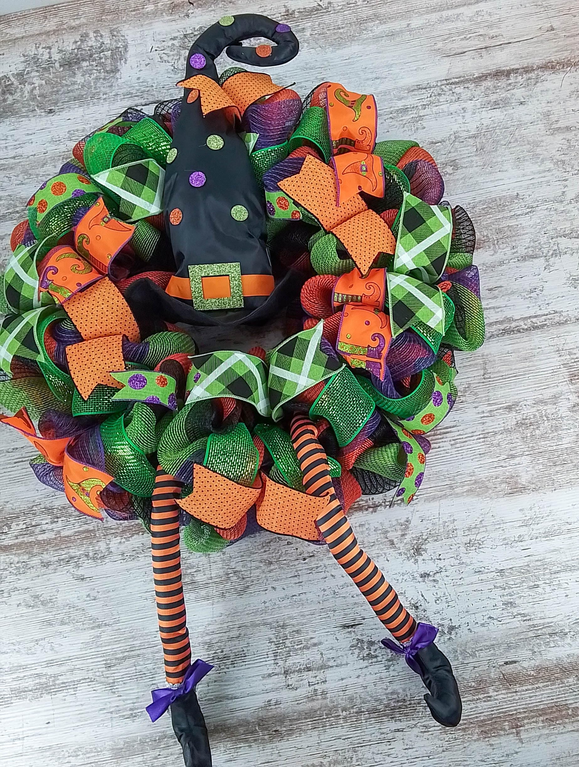 Halloween Witch Wreath with Hat & Legs - Lime Green, Black & Orange Mesh Welcome Door Decor for Spooky Front Porch | Perfect for Halloween Party Decorations & Haunted House Entrance