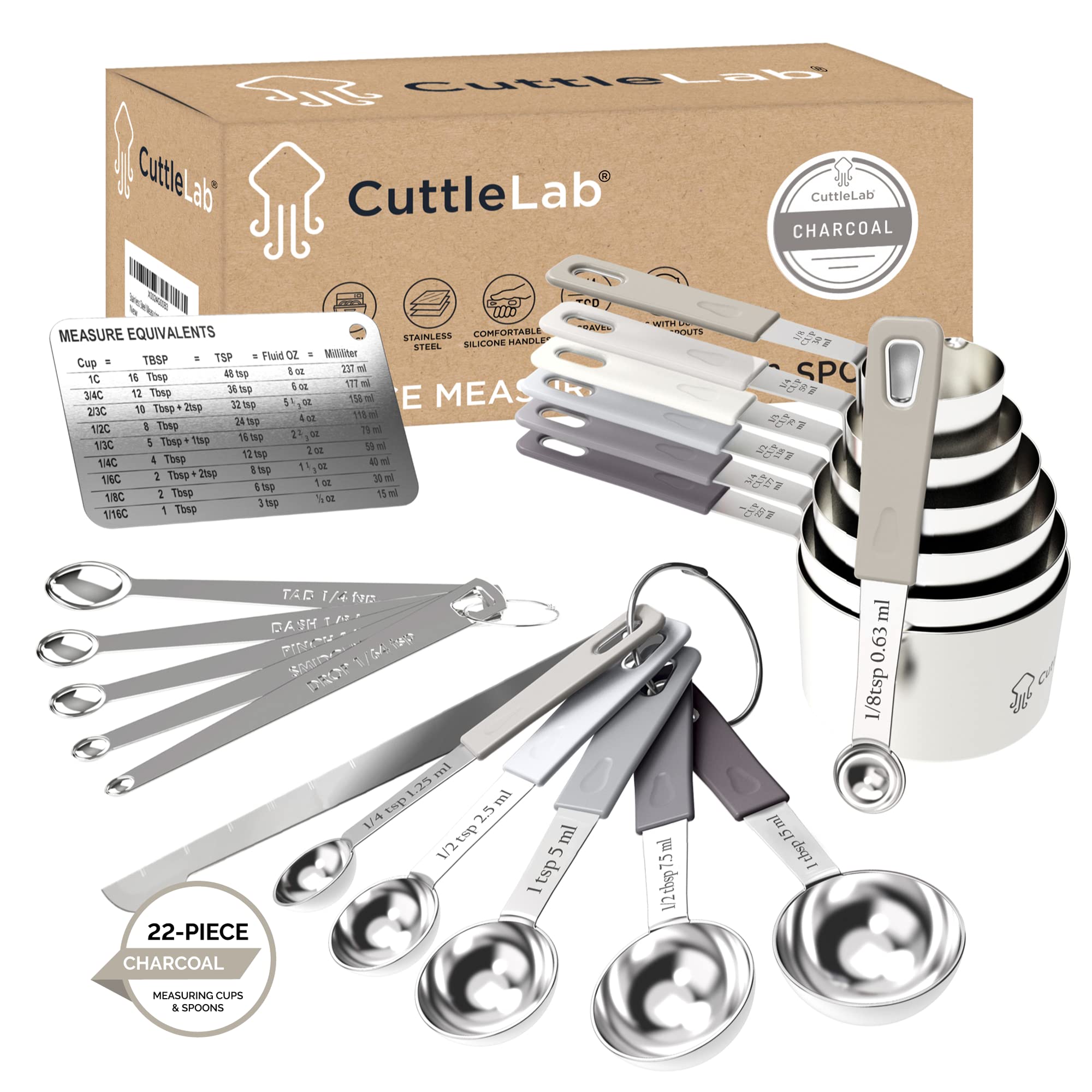 Premium 22-Piece Stainless Steel Measuring Cups & Spoons Set with Conversion Chart - CuttleLab Kitchen Essentials for Baking, Cooking & Meal Prep (Charcoal) | Includes Mini Spoons, Leveler & Fridge Magnet