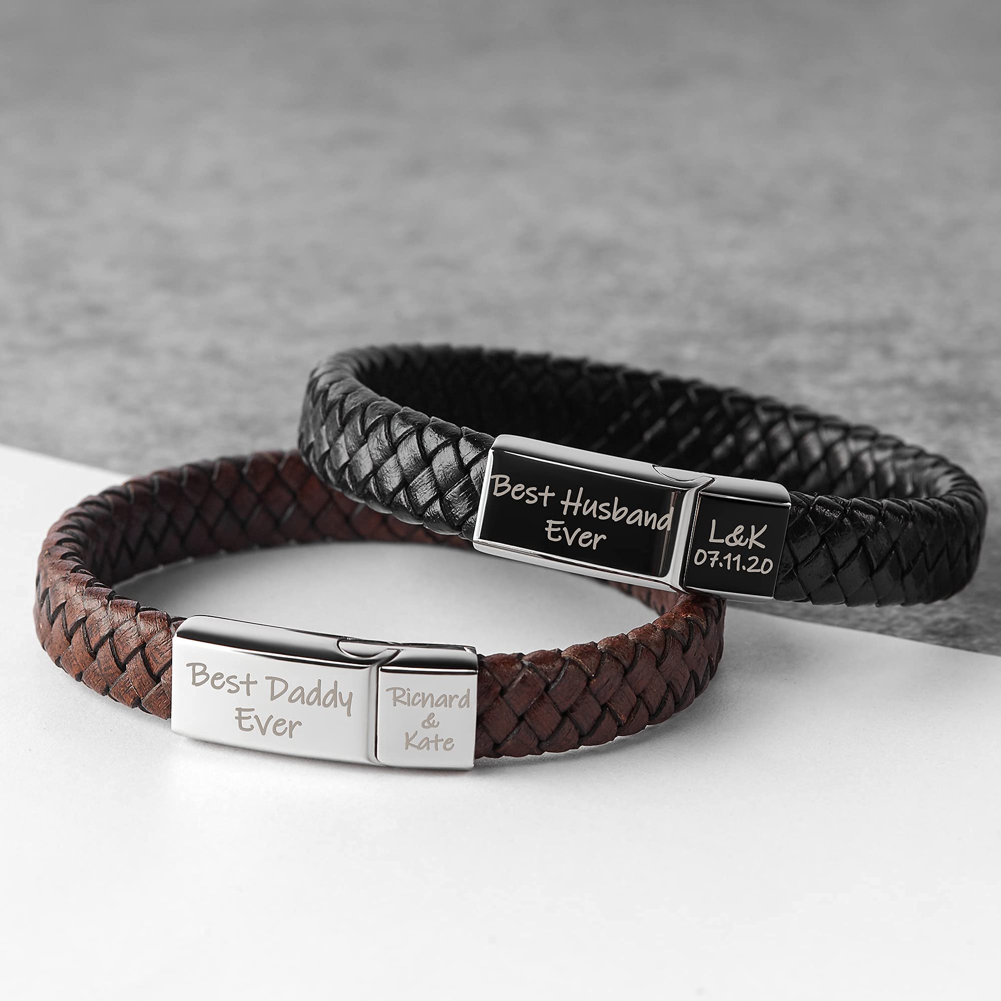 Custom Engraved Leather Bracelet for Men - Personalized Braided Leather Wristband with Message - Unique Christmas Gift for Boyfriend, Husband, Dad - Perfect for Anniversaries, Birthdays & Everyday Wear