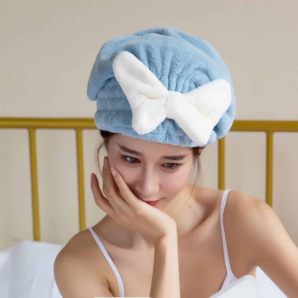 Fezora Super Absorbent Microfiber Hair Towel Wrap for Women - Quick Drying Hair Turban with Bow Knot for Wet Hair (Sky Blue) - Perfect for Post-Shower, Salon, Travel & Home Hair Care