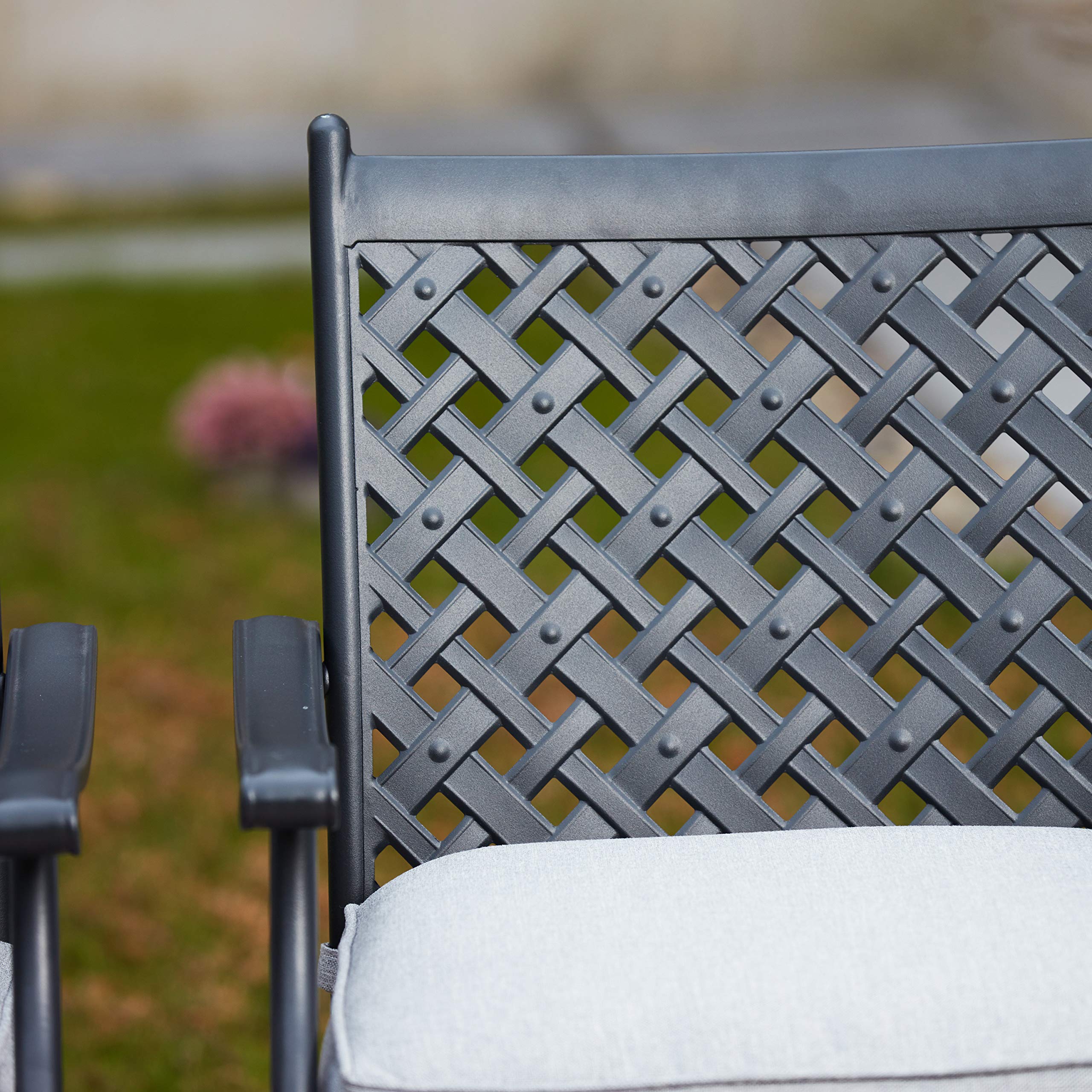 4-Piece Grey Metal Dining Chair Set with Arms & Cushions - Indoor/Outdoor Patio, Bistro, Cafe Side Chairs - Perfect for Backyard, Restaurant, and Home Dining Use