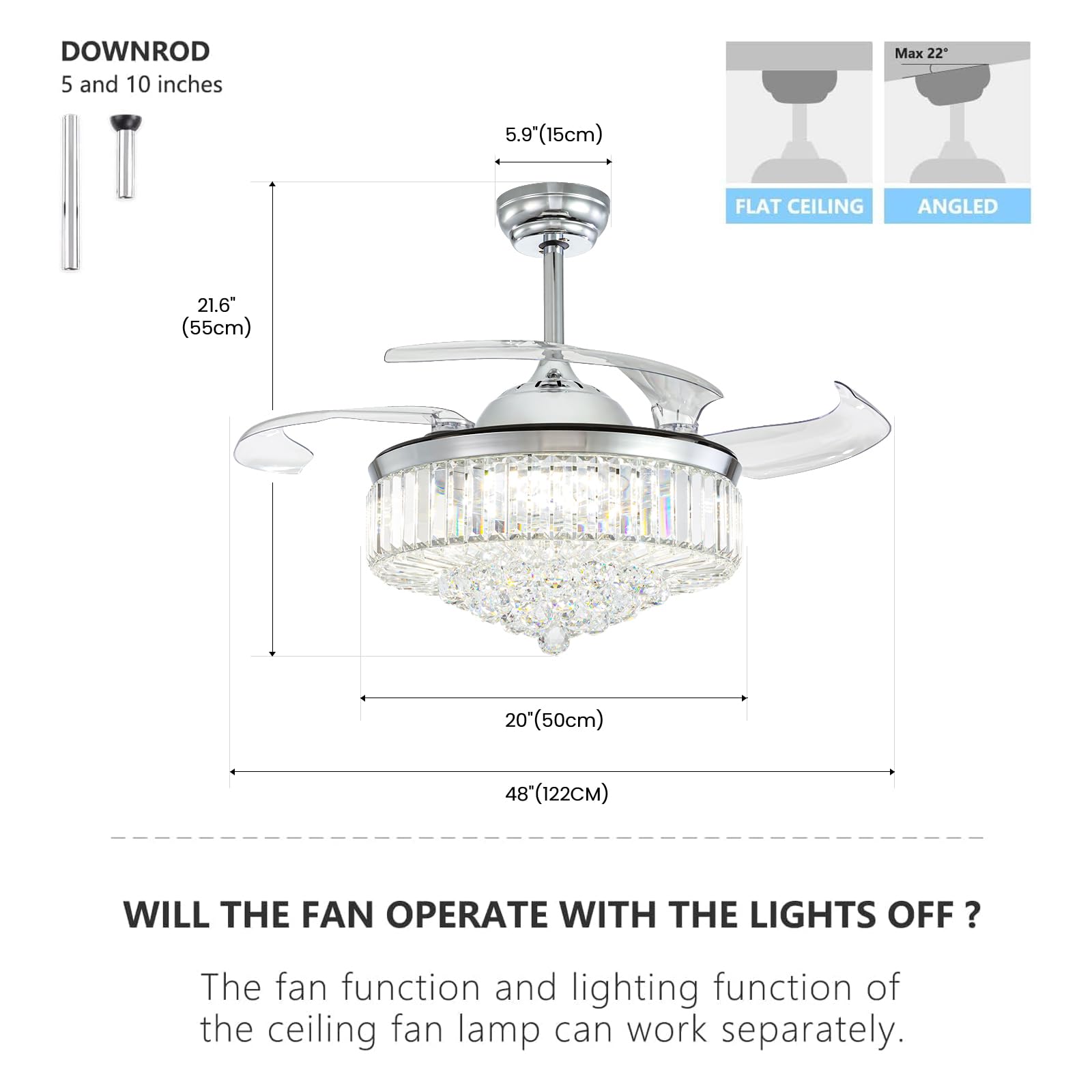 NOXARTE 48 Inch Crystal Chandelier Ceiling Fan with Light - Retractable Blades, Remote Control, Dimmable LED - Perfect for Bedroom, Living Room, Dining Room & Home Decor