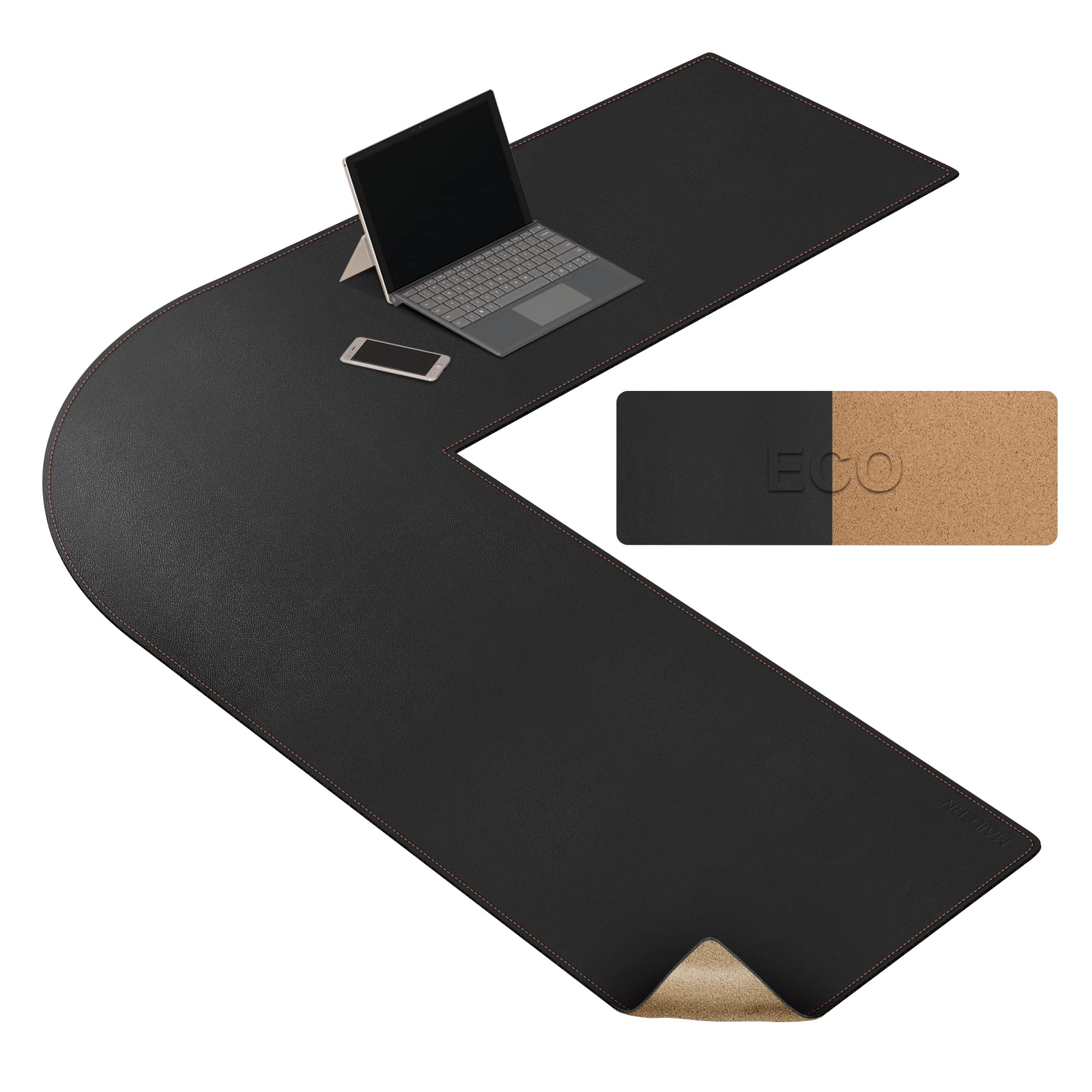 MAIDERN 47 Inch L-Shaped Corner Desk Mat - Reversible Cork & Leather Desk Pad for Gaming, Computer, Office & Home Use - Black (Perfect for Workstations, Home Offices & Gaming Setups)