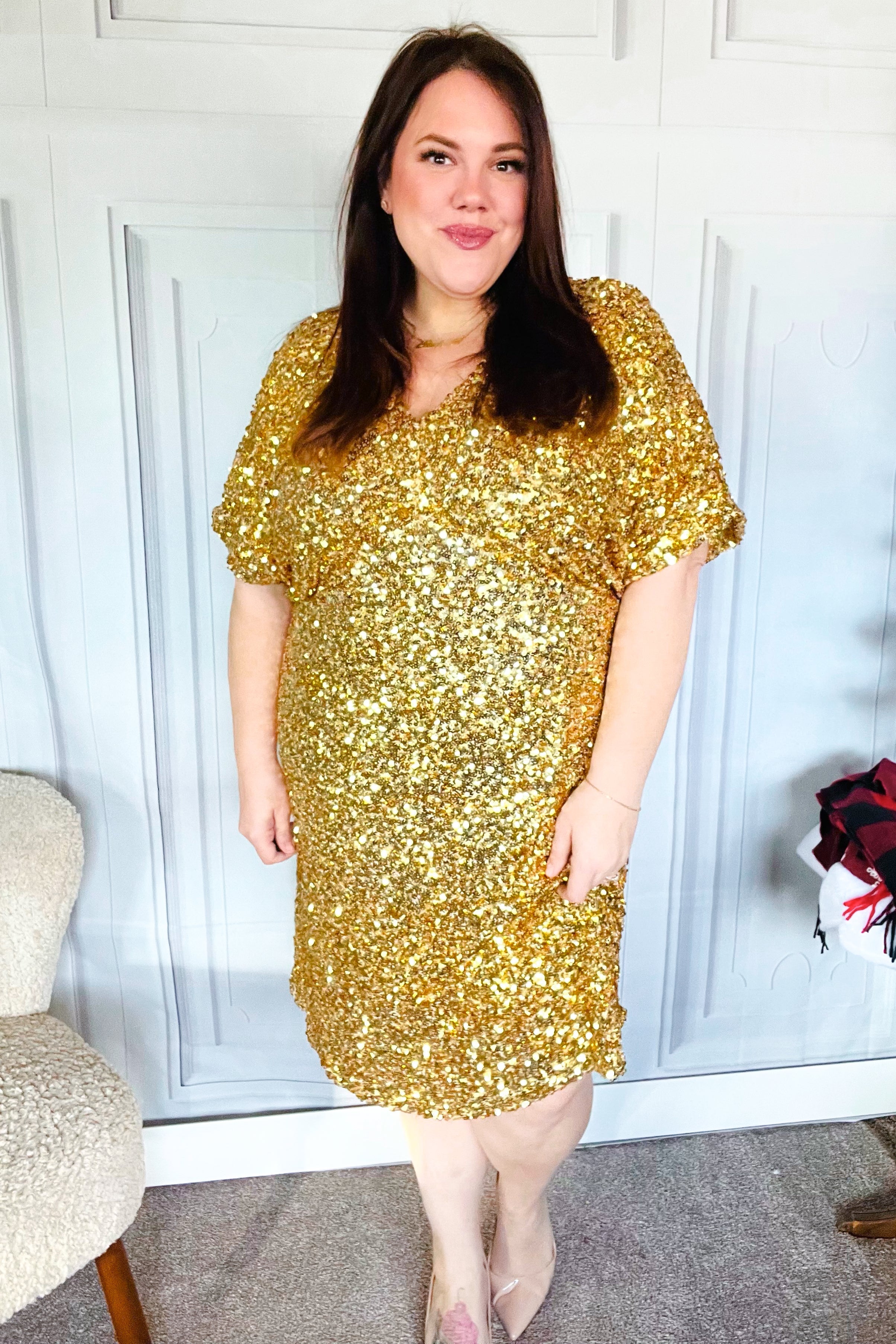 New Year Diva Dolman Gold Sequined Lined Babydoll Dress - Elegant Party Wear for NYE, Cocktail Parties & Special Occasions