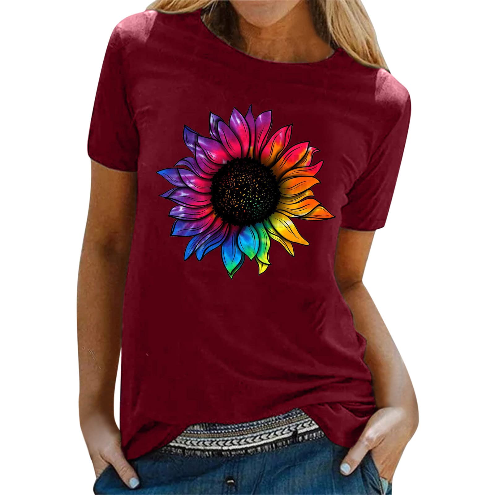 Sunflower Print Women's Short Sleeve Cotton T-Shirt - Casual Crewneck Summer Top for Women | Beach Outfits, Vacation Wear & Everyday Comfort