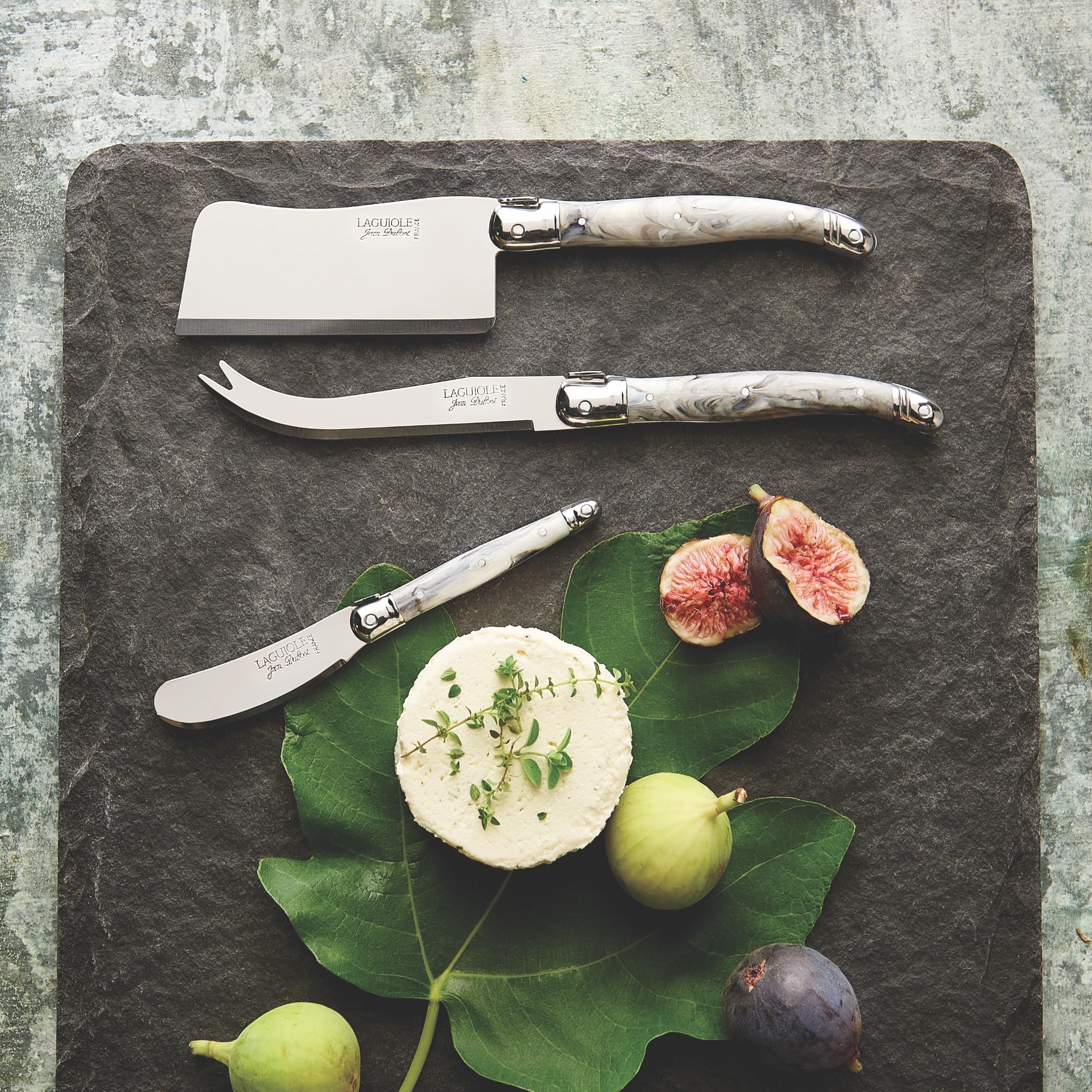 Premium Jean Dubost Laguiole 4-Piece Cheese Knife Set with Mineral Handles - Rust-Proof Stainless Steel - French-Made Cheese Cutlery - Perfect for Wine & Cheese Parties, Charcuterie Boards & Gourmet Gifts