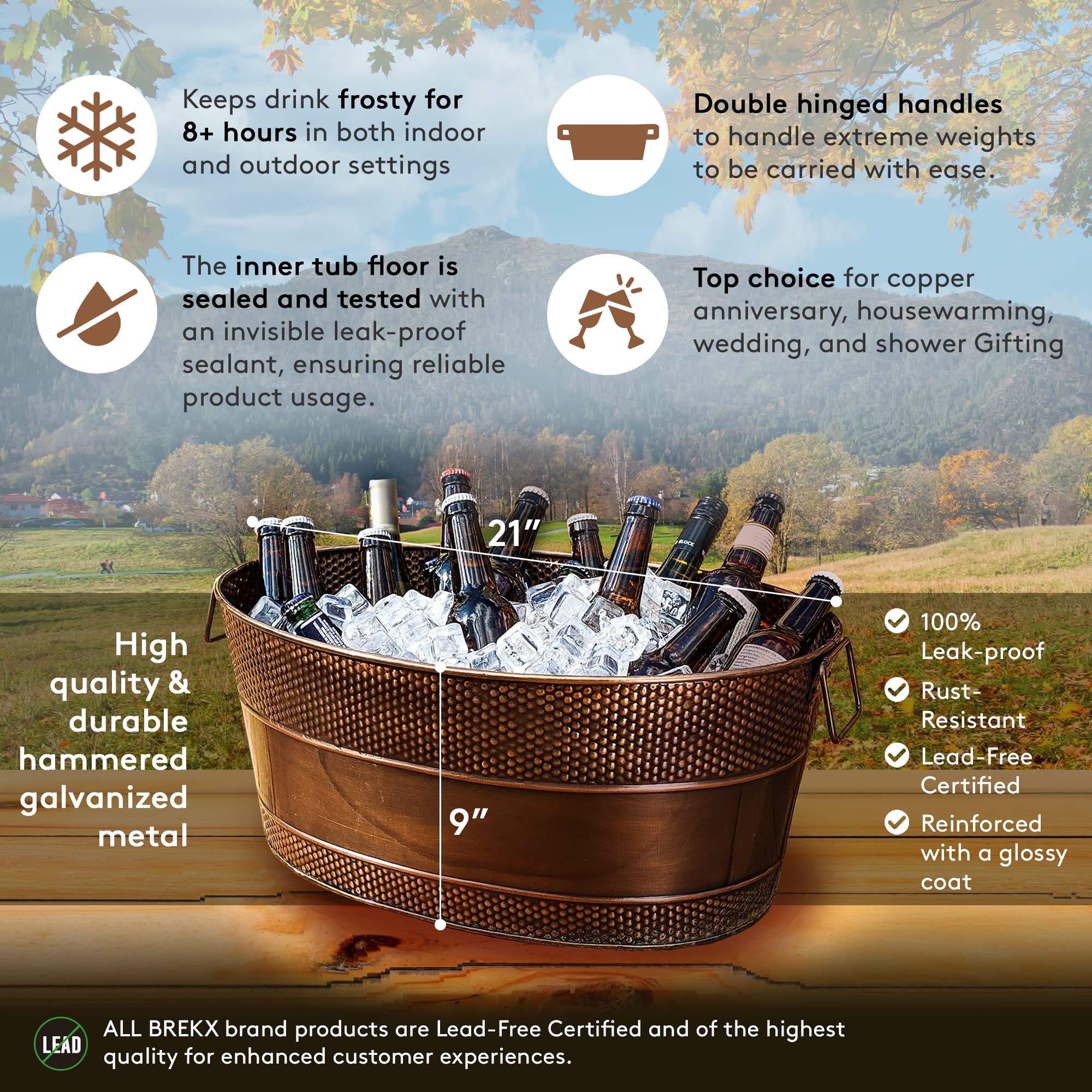 BREKX 25 Quart Copper Finish Aspen Hammered Galvanized Beverage Tub with Stand - Perfect for Outdoor Parties, Picnics, and Chilling Drinks at BBQs