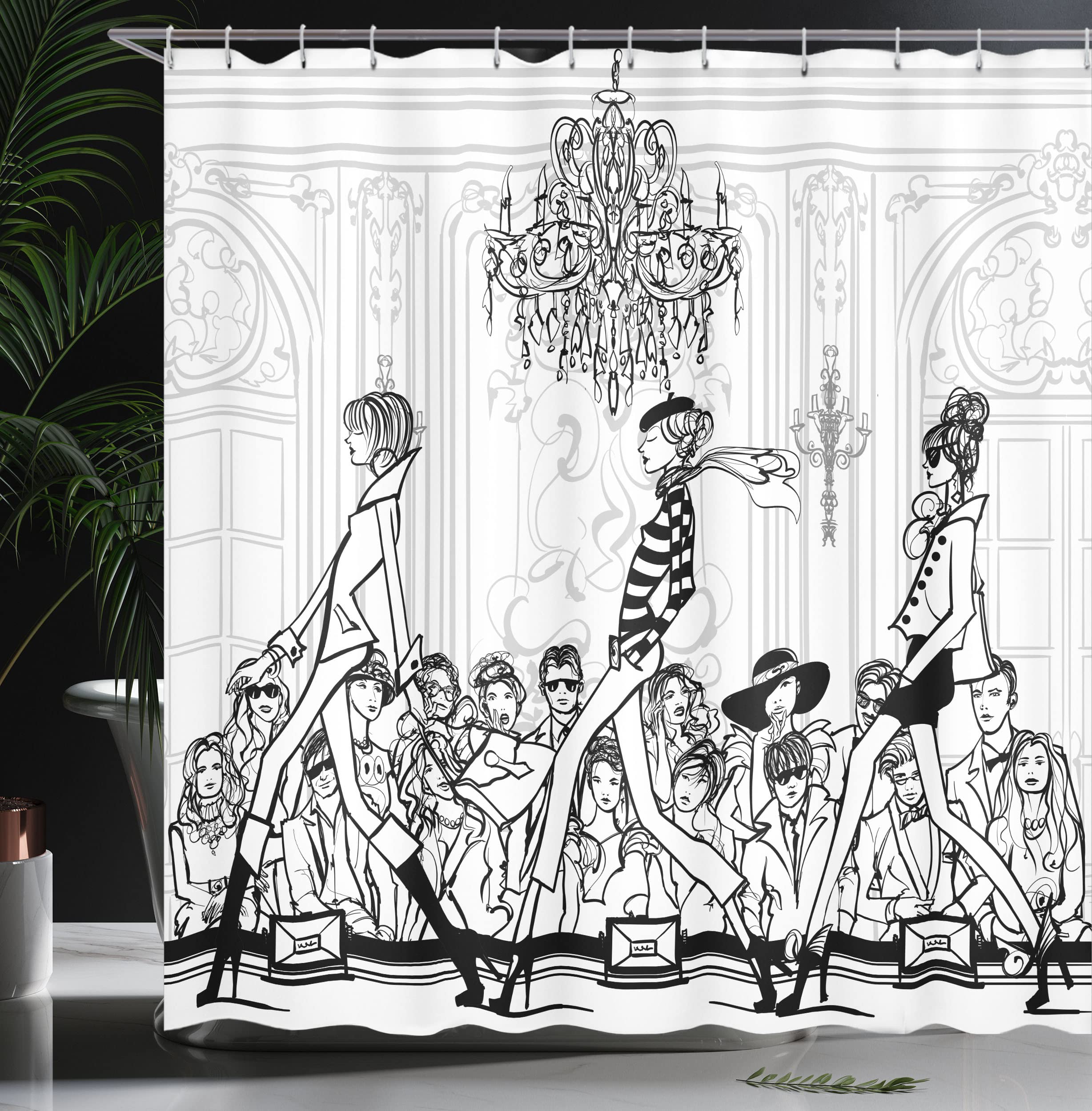 Ambesonne Fashion Shower Curtain - Catwalk Mannequins & Supermodel Crowd Illustration - 69x70 Inch Cloth Fabric Bathroom Decor with Hooks - Ecru Black - Perfect for Modern Bathroom & Fashion-Themed Home Decor