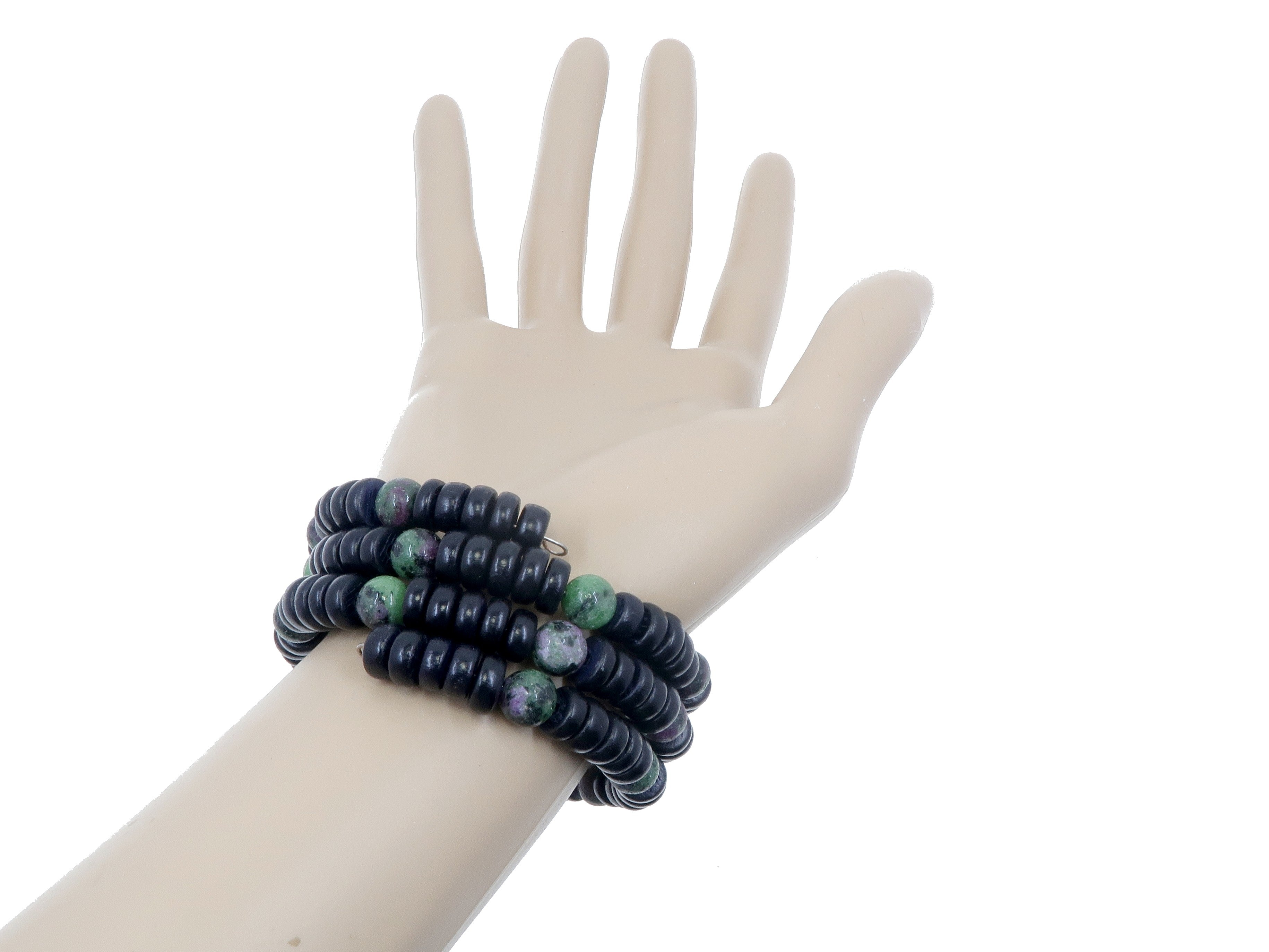 Natural Ruby Zoisite Bracelet - Elegant Twist Design with Memory Wire & Wood Beads | Spiritual Healing, Meditation & Fashion Jewelry for Women