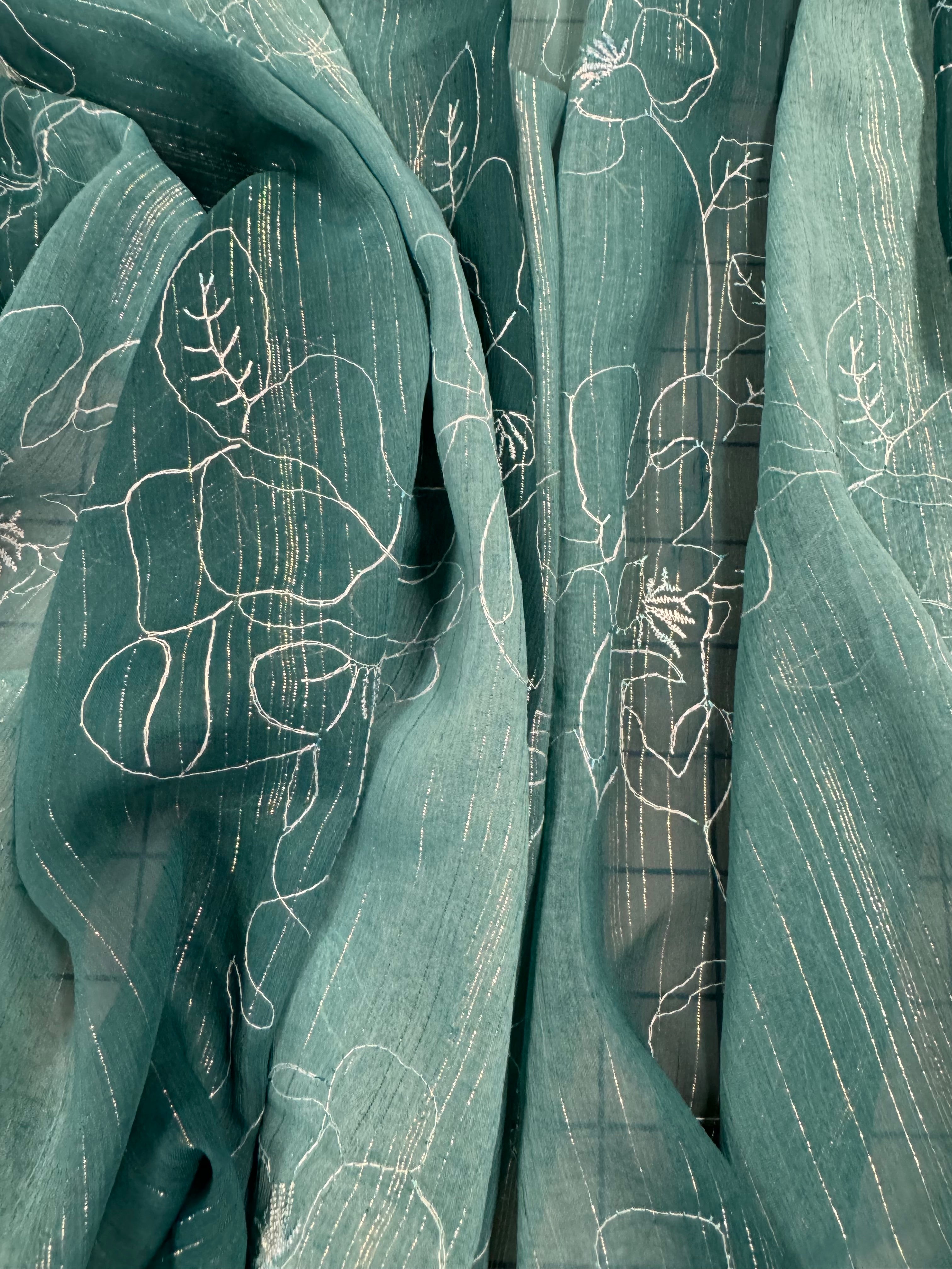 Elegant Green Chiffon Fabric with White Floral Design - Perfect for Dresses, Scarves, and DIY Sewing Projects