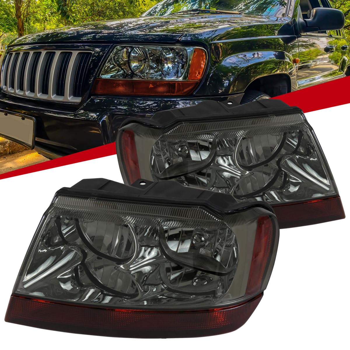 99-04 Jeep Grand Cherokee Smoke Headlights with Amber Turn Signal - Left & Right Pair Replacement for Improved Night Visibility | Off-Road & Street Legal Lighting Upgrade