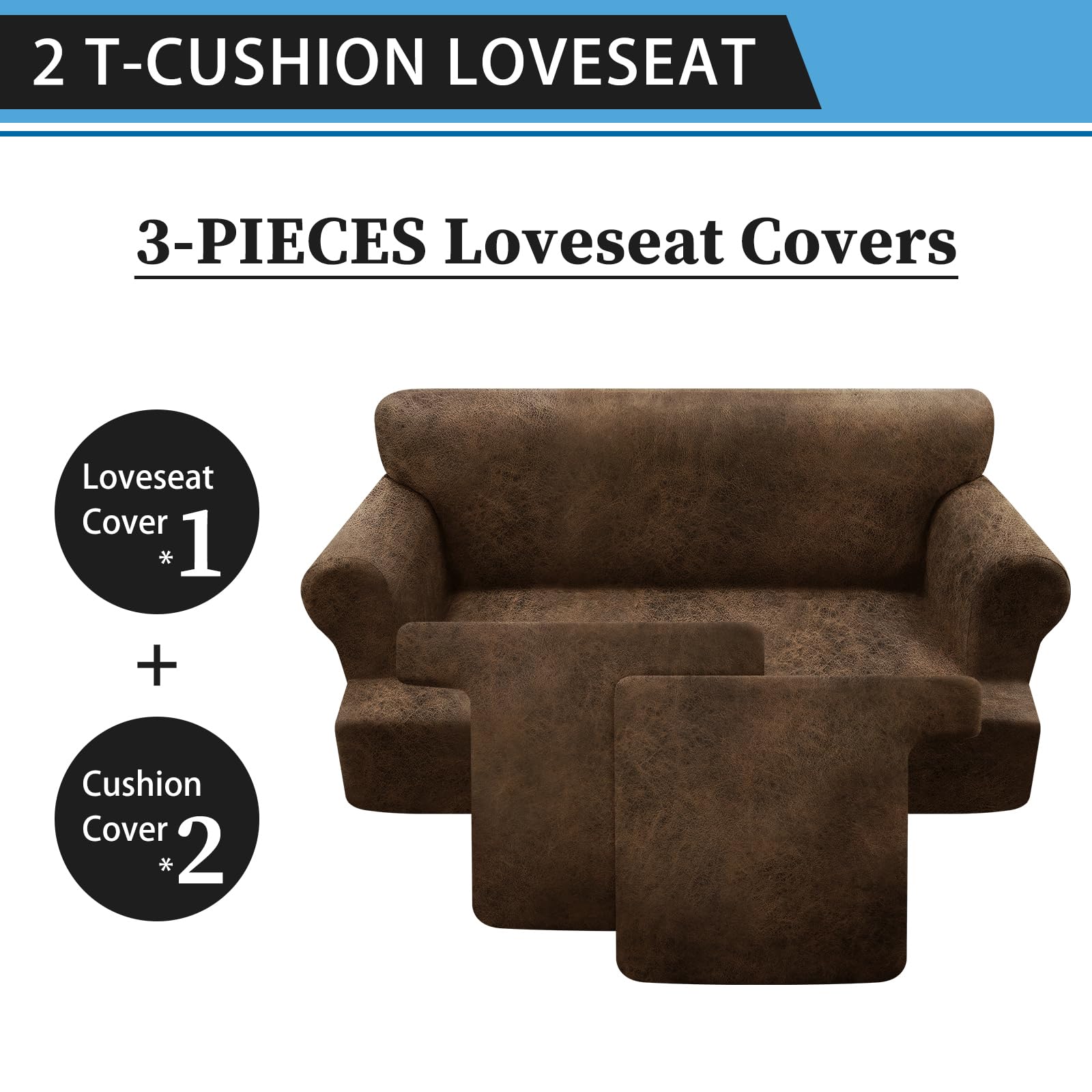 3-Piece T-Cushion Loveseat Slipcovers - Faux Leather Sofa Cover for 2-Cushion Couches - Stretchable Furniture Protector with 2 Individual Seat Covers (Brown) - Perfect for Living Room, Office, and Apartment Decor