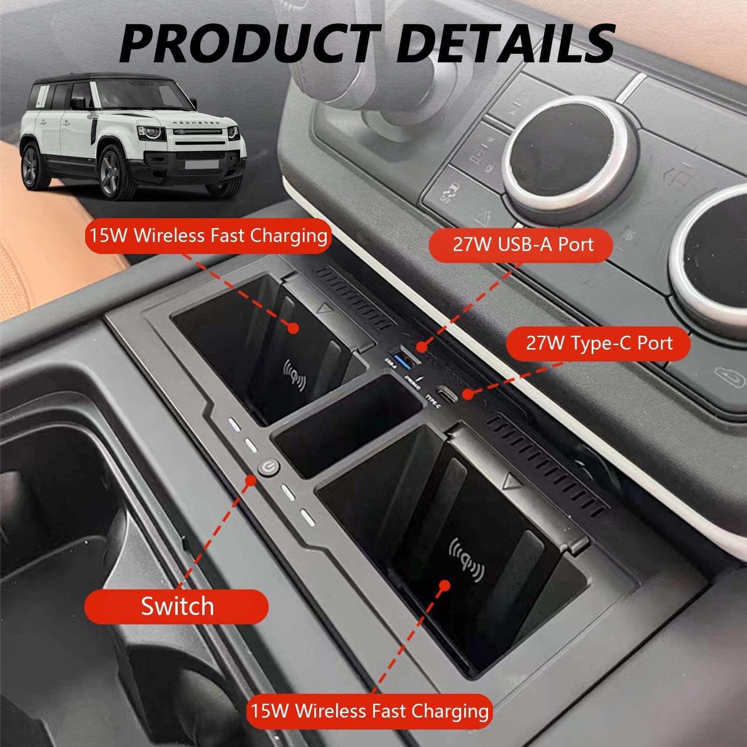 Wireless Car Charger for Land Rover Defender 90 110 130 X/X-Dynamic/V8/Carpathian Edition (2020-2023) - 15W Fast Charging Pad Compatible with iPhone & Galaxy - Interior Accessories & Upgrades for Road Trips & Daily Commutes