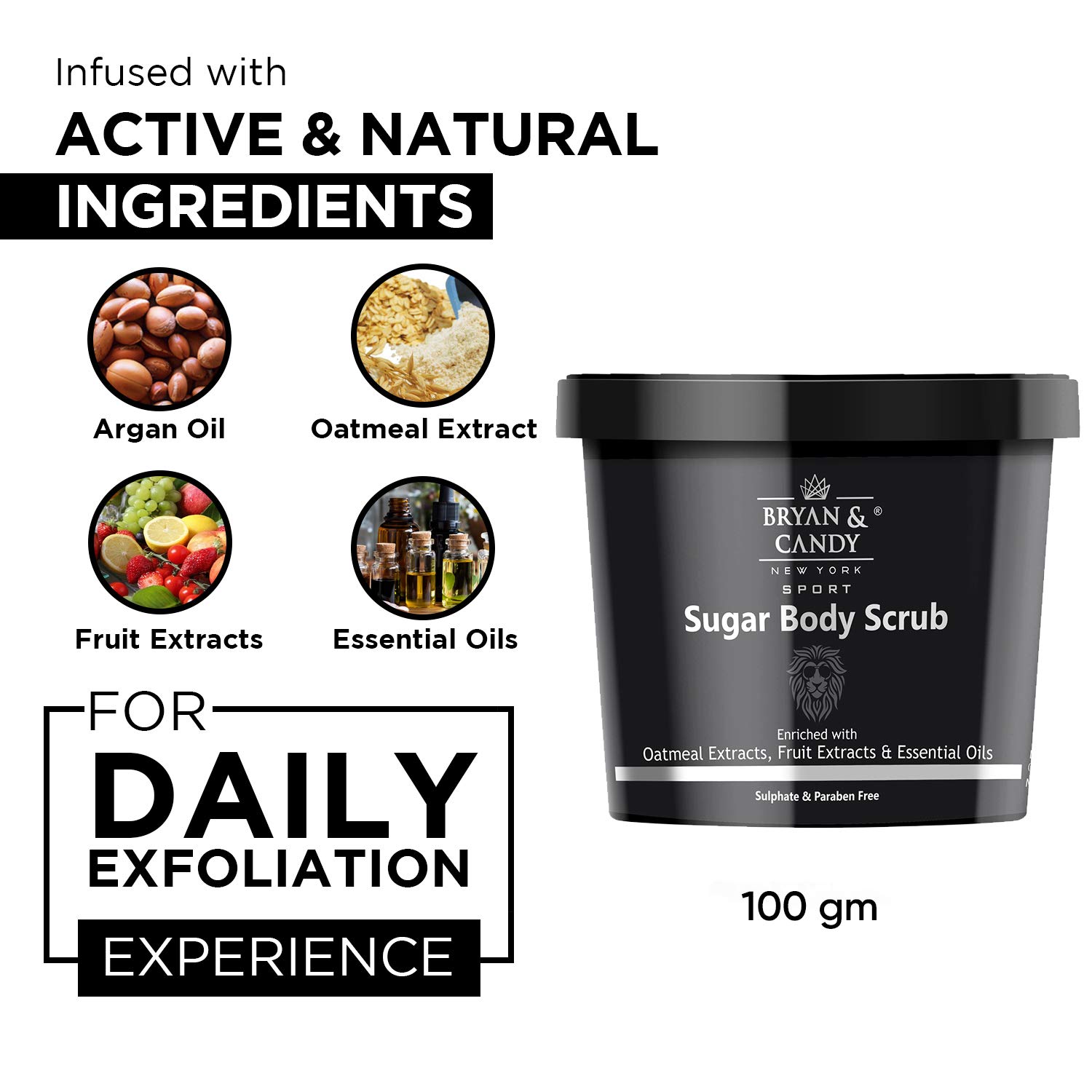 Bryan & Candy New York Lion Series Lemon Thyme & Spearmint Sugar Body Scrub with Argan Oil - Exfoliating Dead Skin Cells for Radiant Skin - 100g | Perfect for Spa Day, Gift Sets & At-Home Skincare Routine