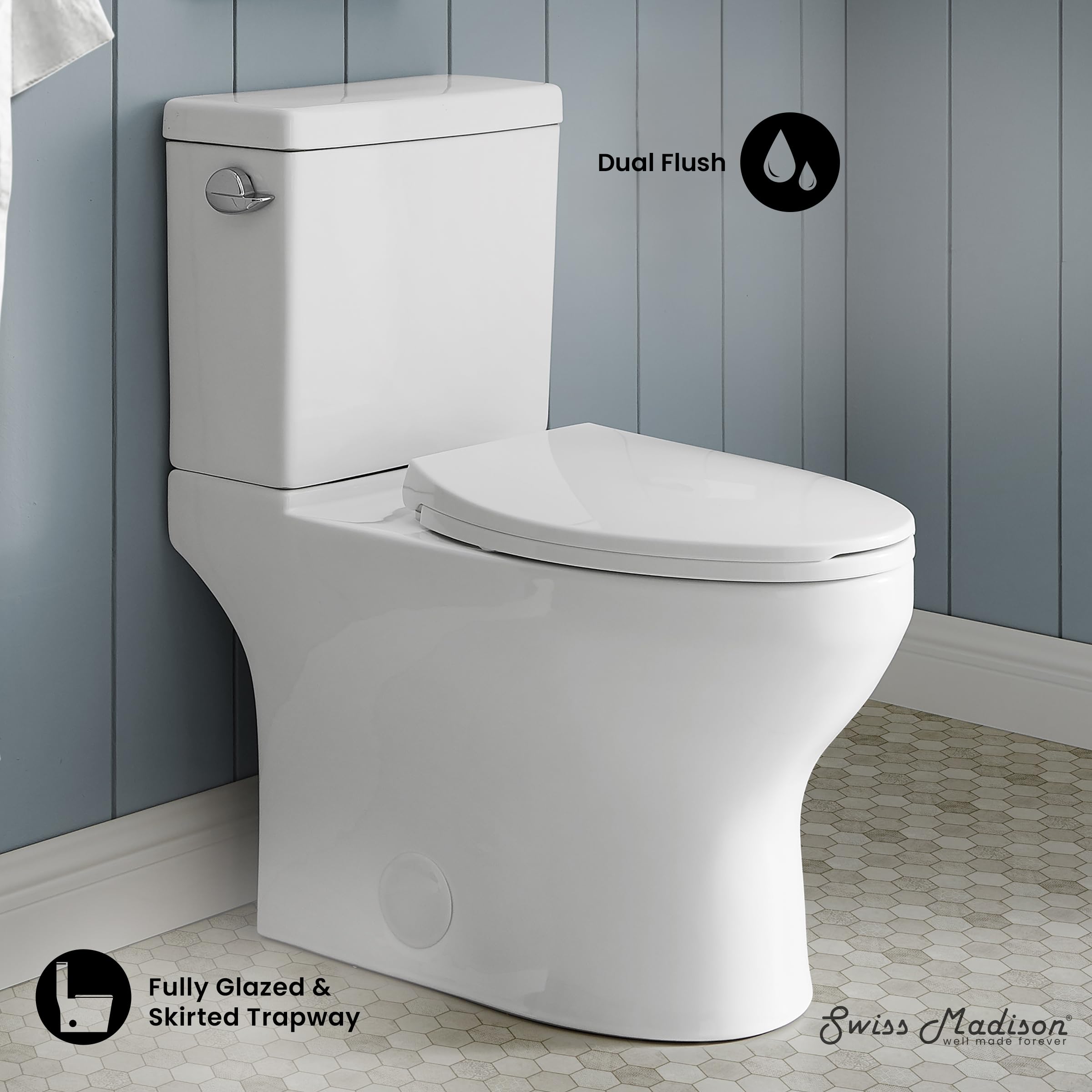 Swiss Madison Well Made Forever Classe Two-Piece Elongated Left Side Flush Handle Toilet 1.28 GPF - Modern Water-Efficient Bathroom Solution for Homes & Commercial Spaces
