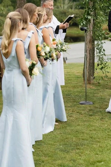 Elegant Long Blue Satin Bridesmaid Dress - Sleeveless with Bow Straps for Weddings, Formal Events & Special Occasions