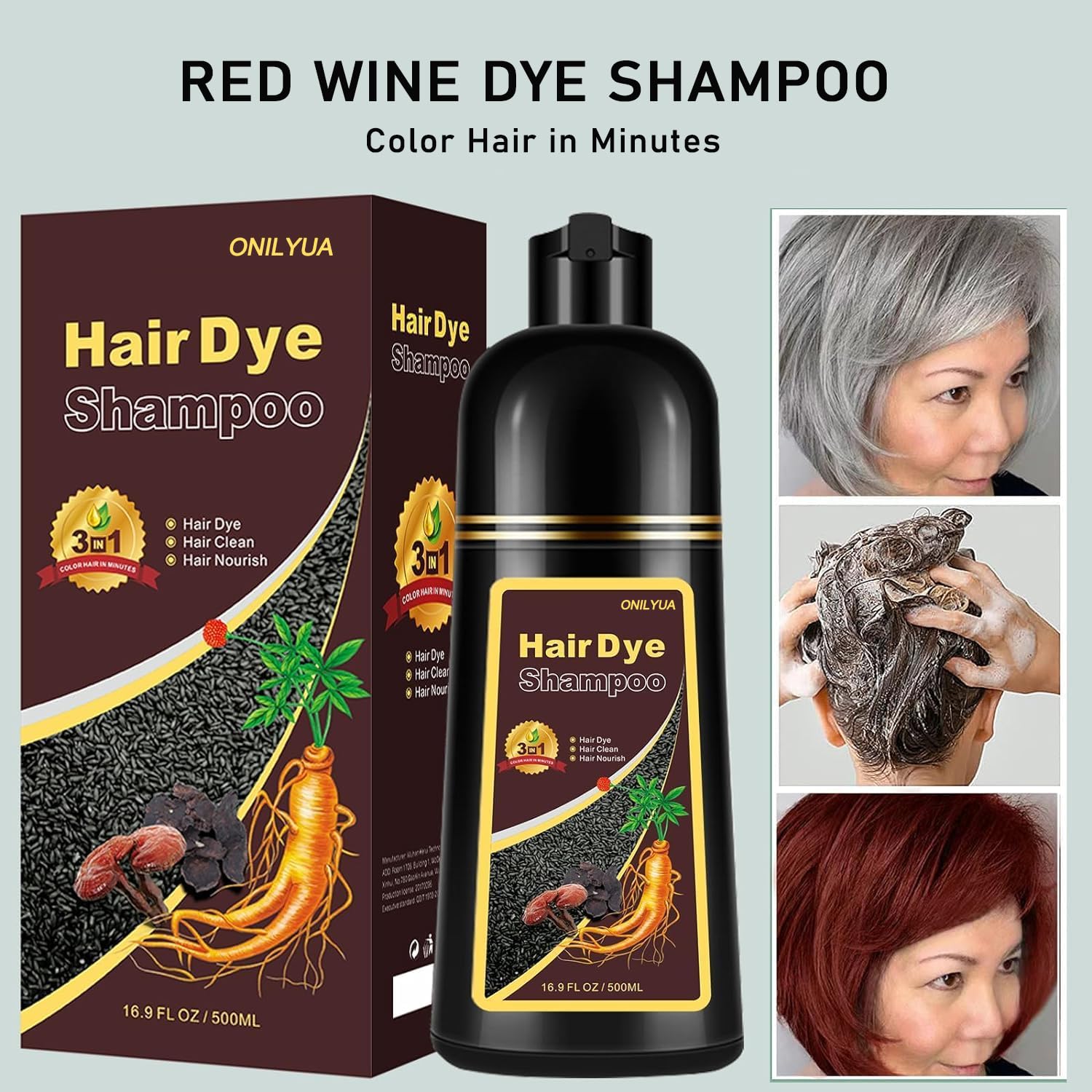 Instant Red Hair Color Shampoo - Herbal 3-in-1 Long Lasting Red Wine Tint for Women & Men (16.9 Fl Oz) | Vegan Hair Dye for Brunettes & Gray Coverage | Perfect for Parties, Cosplay & Daily Styling