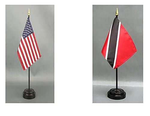 American Made Trinidad Desk Flag Set - 4x6 inch Rayon Office Desk & Hand Waving Table Flags with 2 Stands (USA & Trinidad Flags) - Perfect for Office Decor, Patriotic Displays & International Events