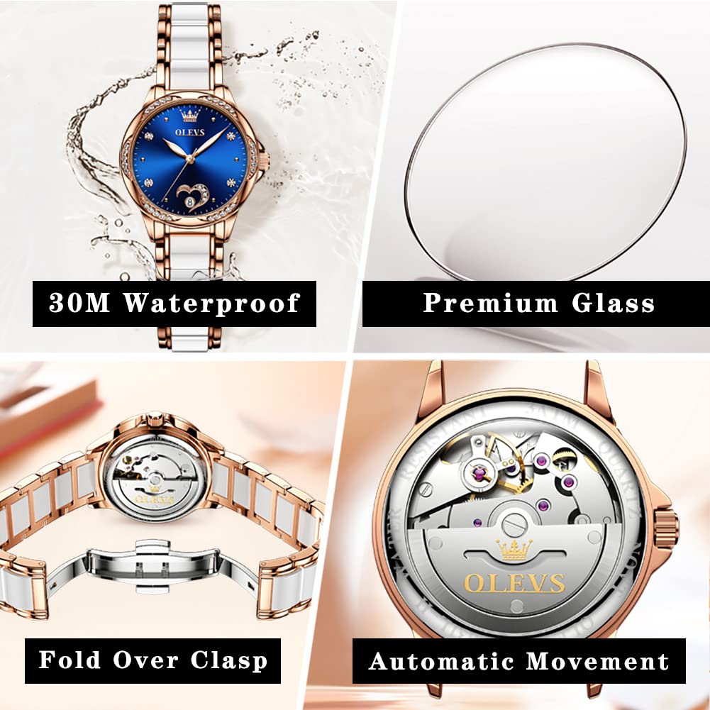 OLEVS Rose Gold Women's Automatic Watch with Two-Tone Stainless Steel & Ceramic Bracelet, Diamond-Accented Self-Winding Watch - Red/Blue/White Dial (No Battery Required) | Perfect for Business, Party & Everyday Wear